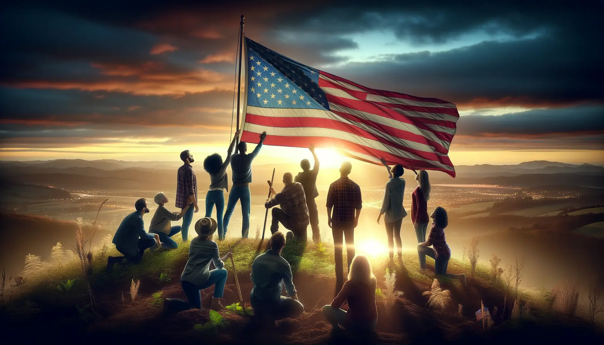A diverse group of people planting an American flag on a hilltop, gazing toward a horizon illuminated by dawn's early light.