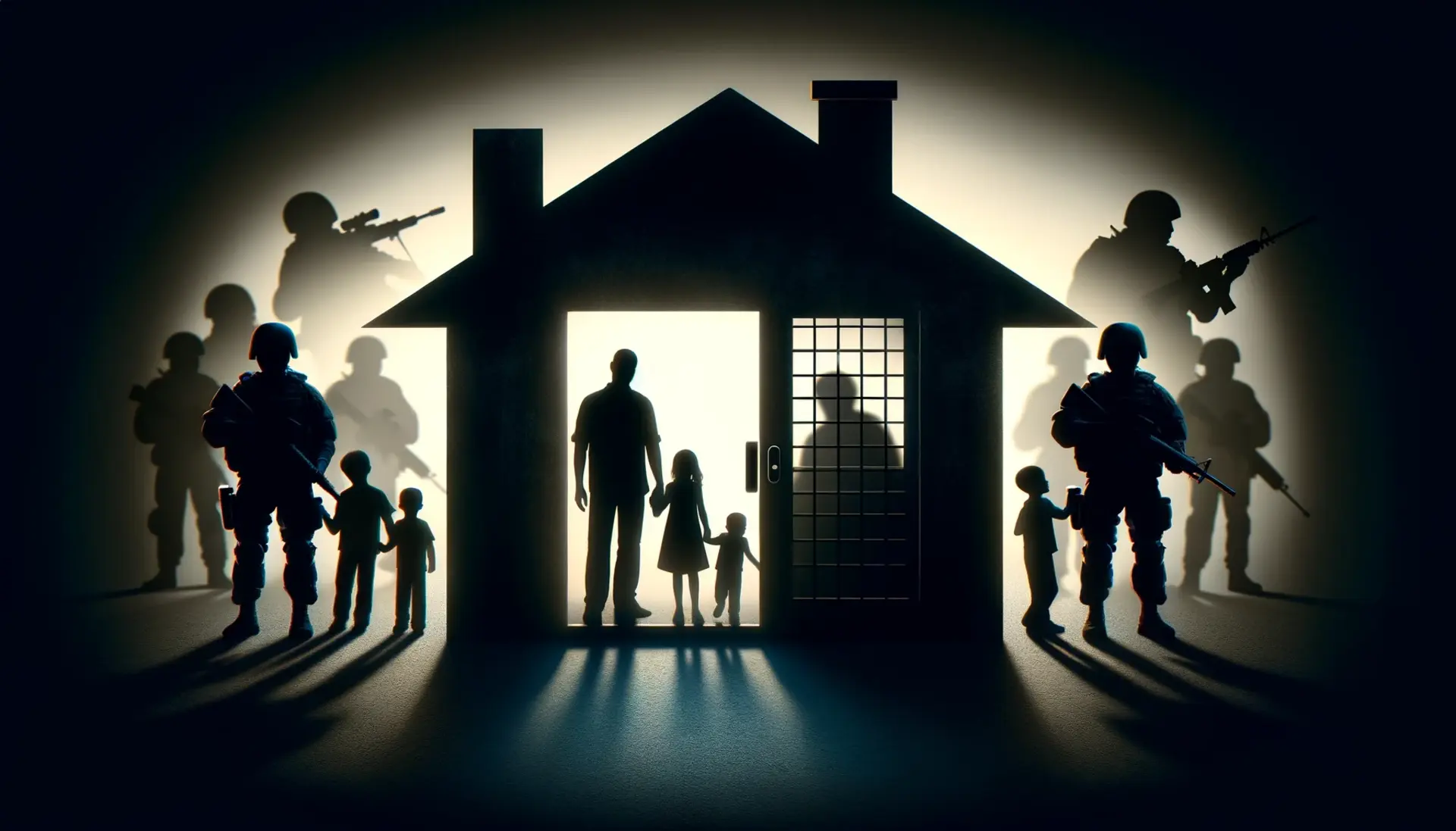 A silhouette of a family unit inside a secure home, with shadowy figures looming outside, highlighting defense readiness.