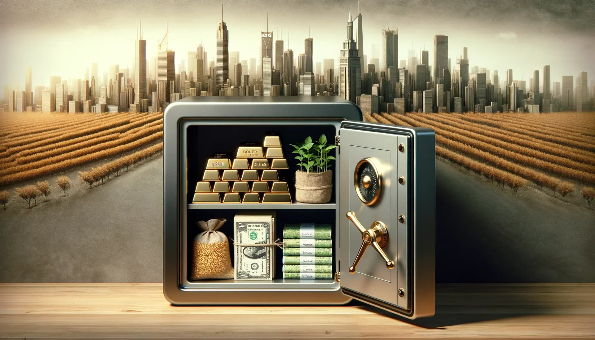 A safe filled with gold bars, seeds, and land deeds, on a backdrop of a barren financial district.