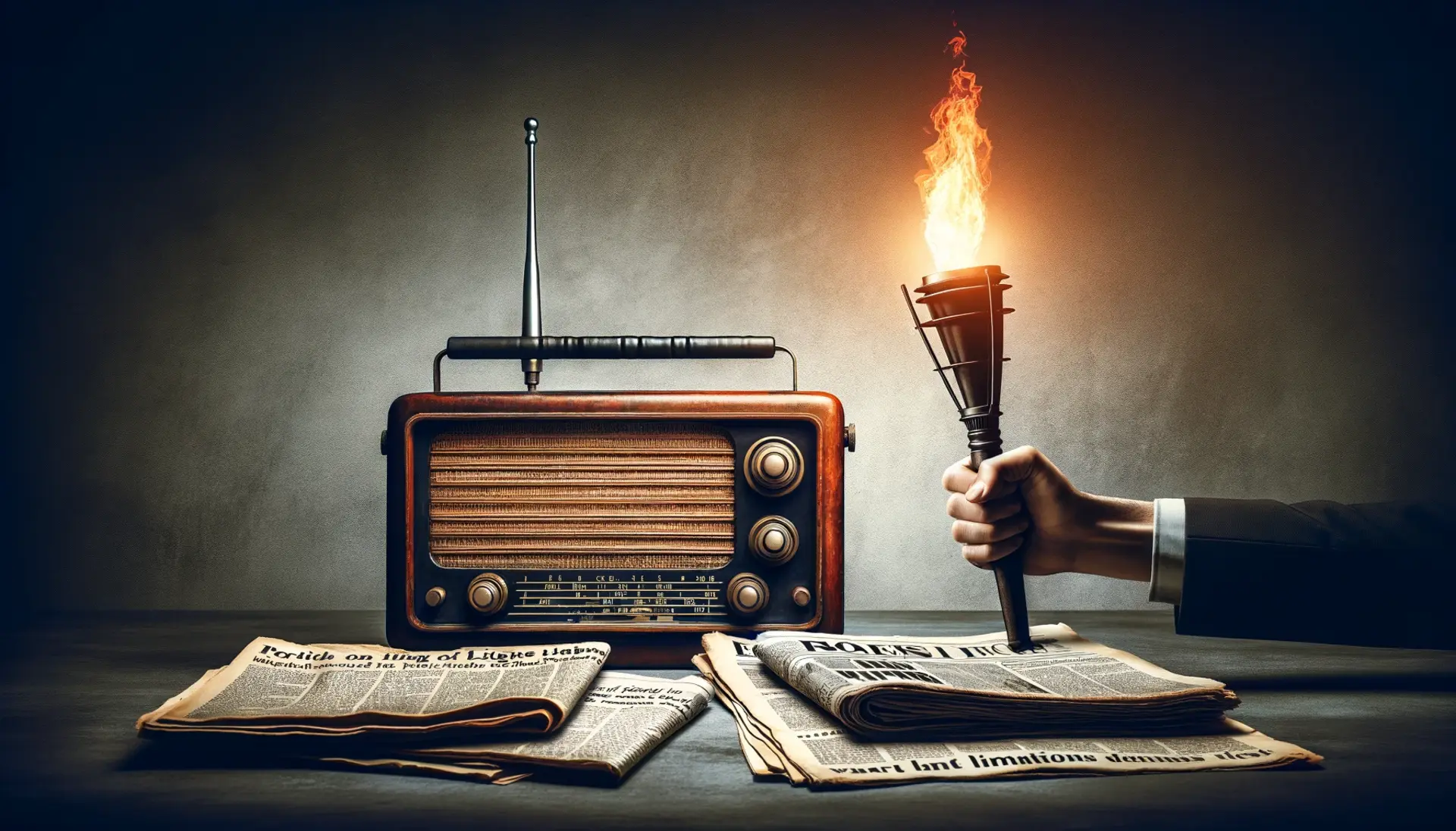 A vintage radio receiving signals, a hand holding a lit torch next to newspapers, representing the pursuit of truth.