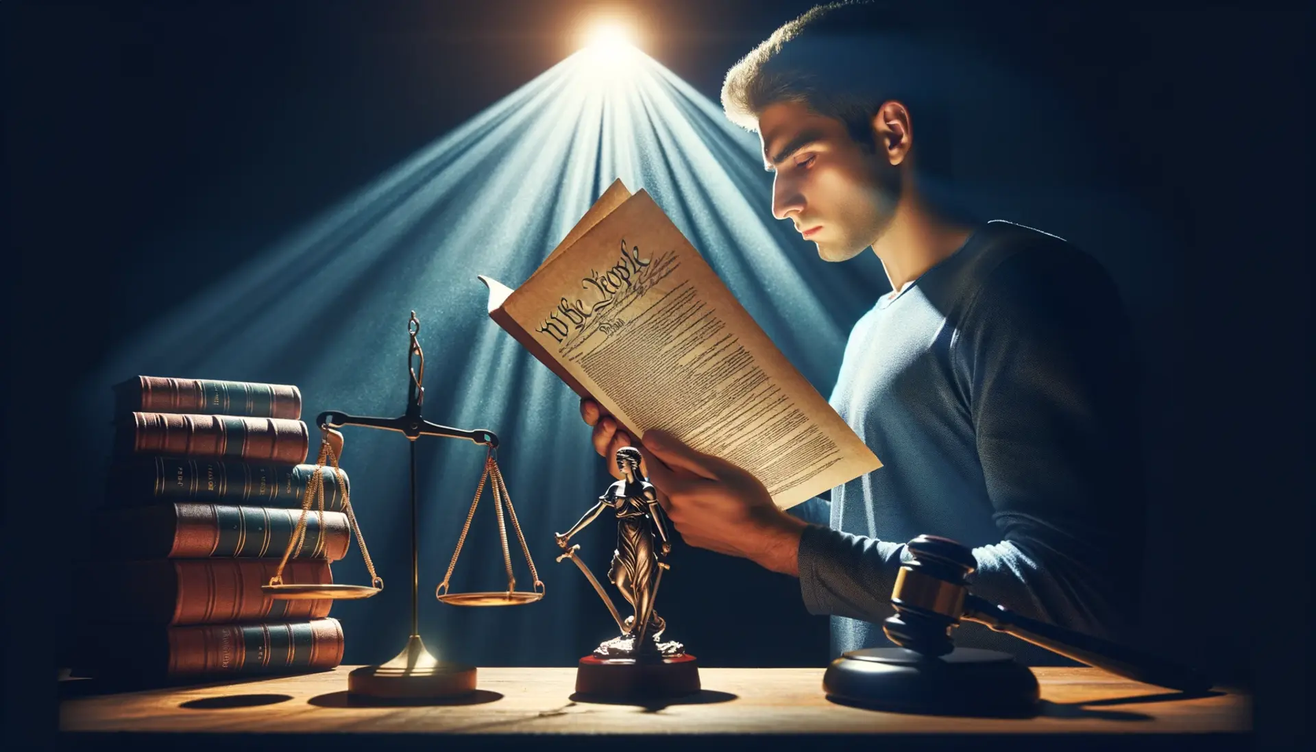 A determined citizen reading the Constitution under a spotlight, with legal scales and a gavel in the foreground.