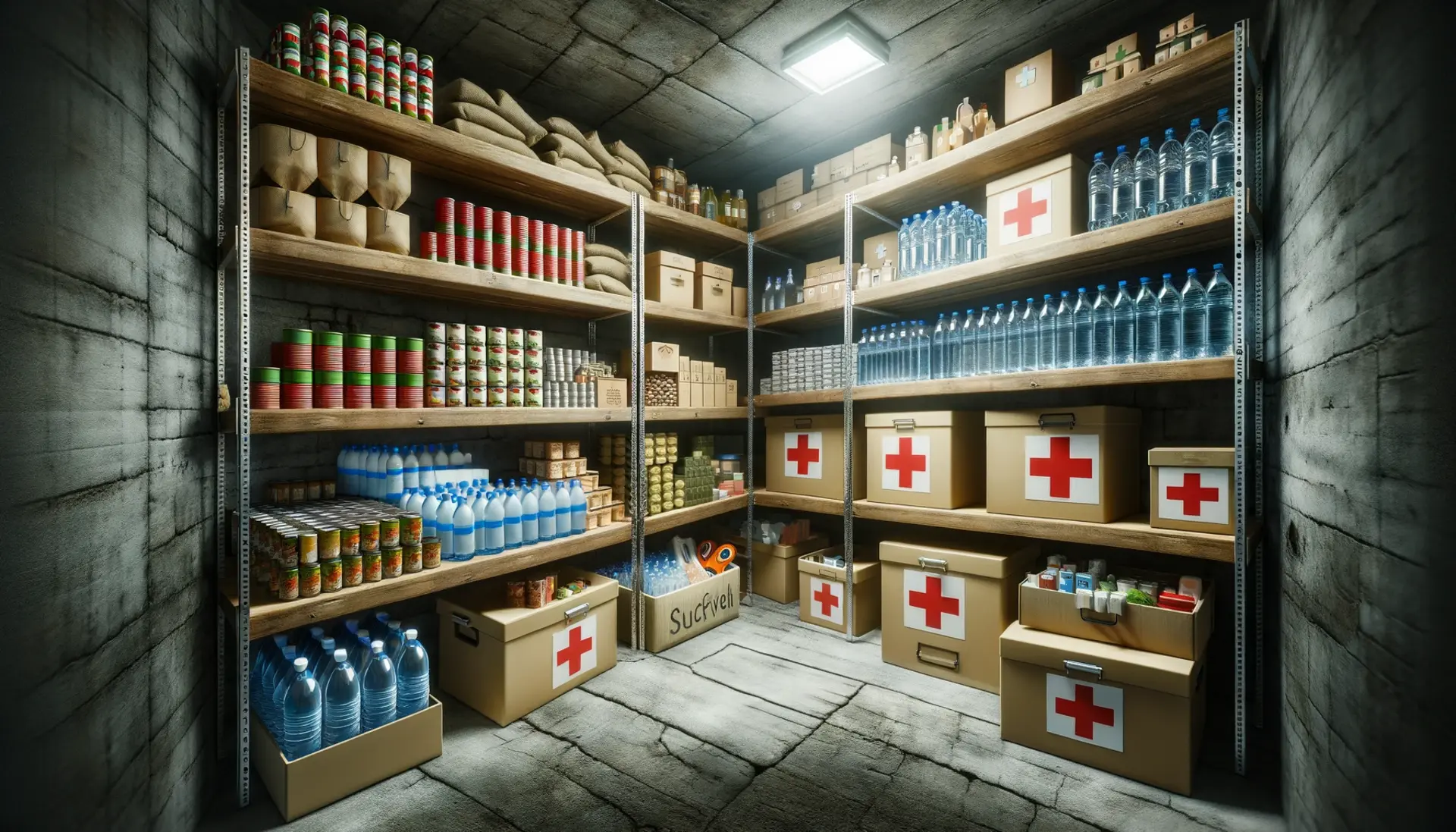 Shelves neatly stocked with food, water, and medical kits, inside a well-organized bunker.