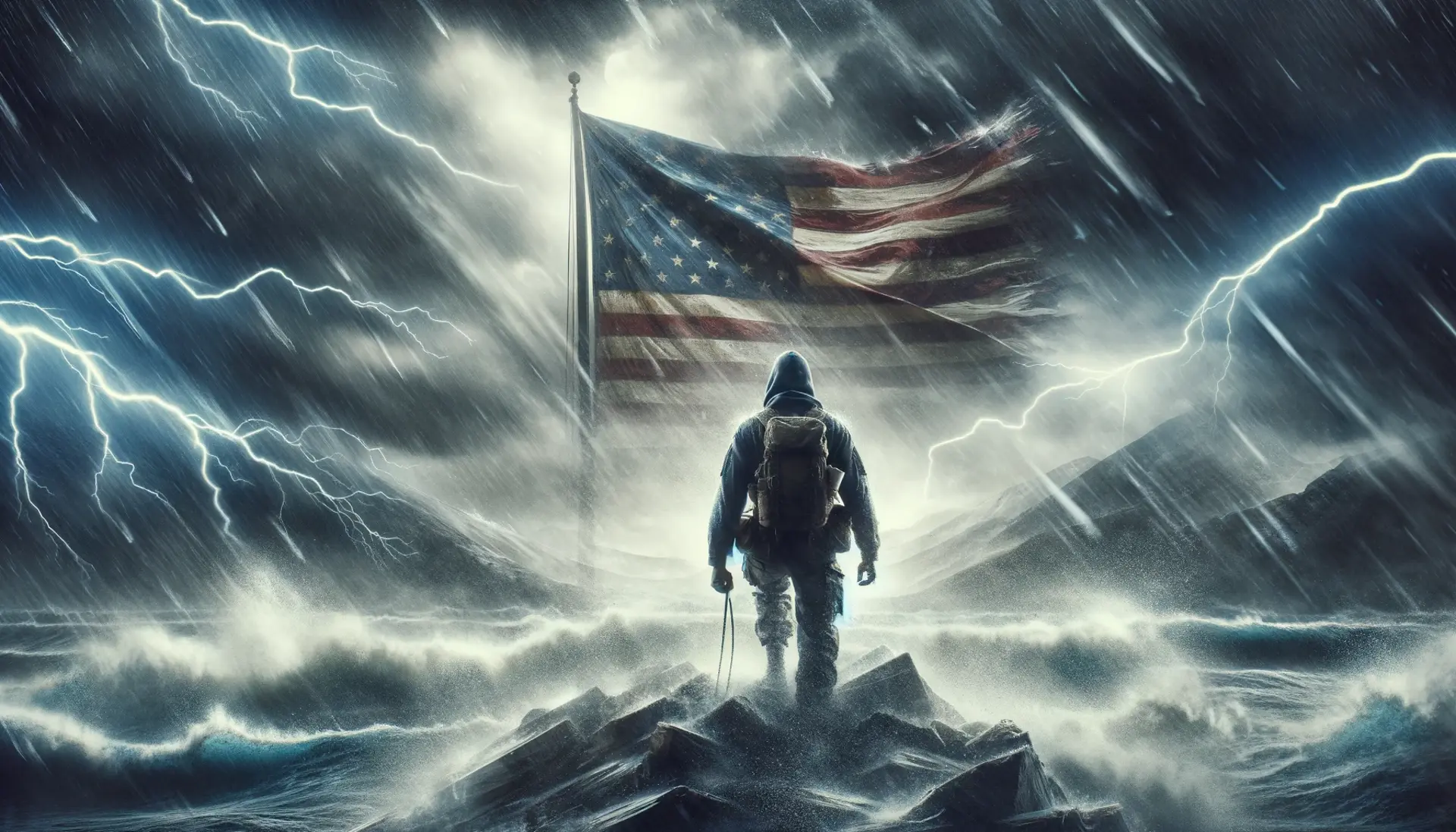 A focused individual standing firm amidst a storm, with a faded American flag in the background.