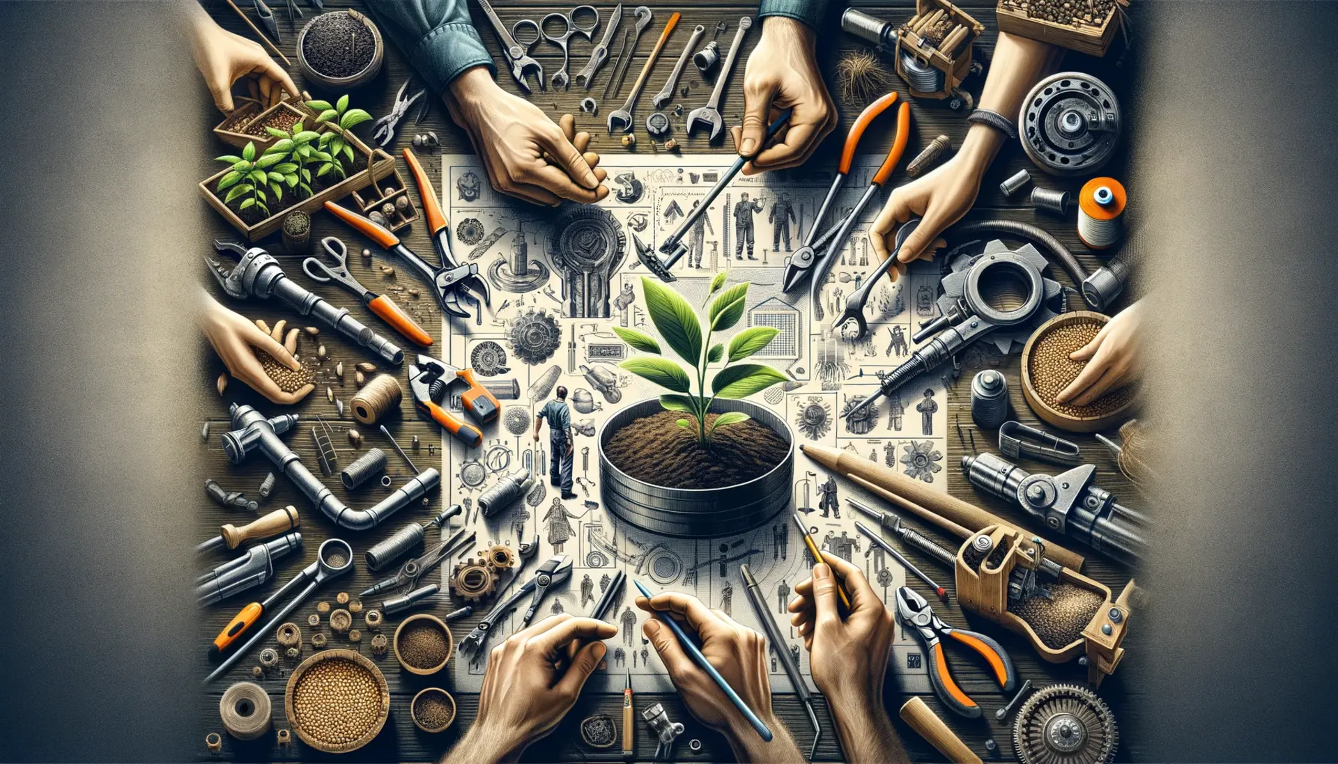 A workshop scene showing hands working on various survival skills, from farming to mechanical repairs.