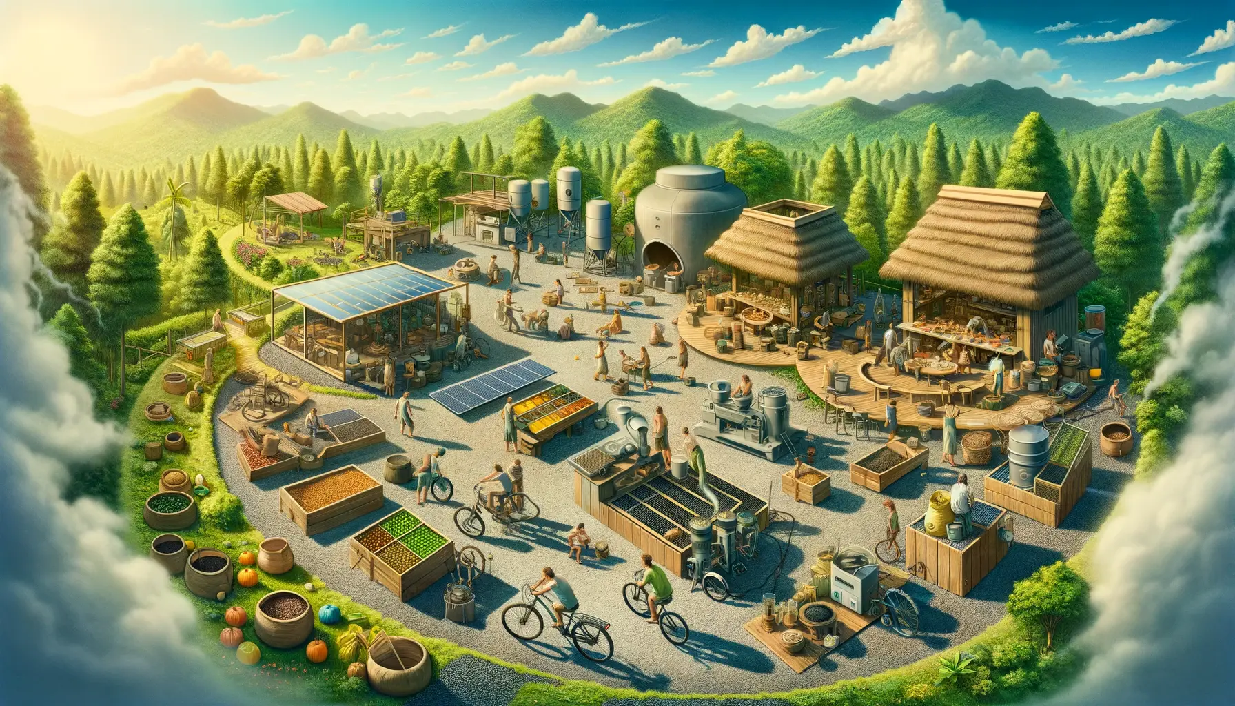 Panoramic view of a retreat employing sustainable practices, like solar cooking, bicycle-powered machines, and composting systems.