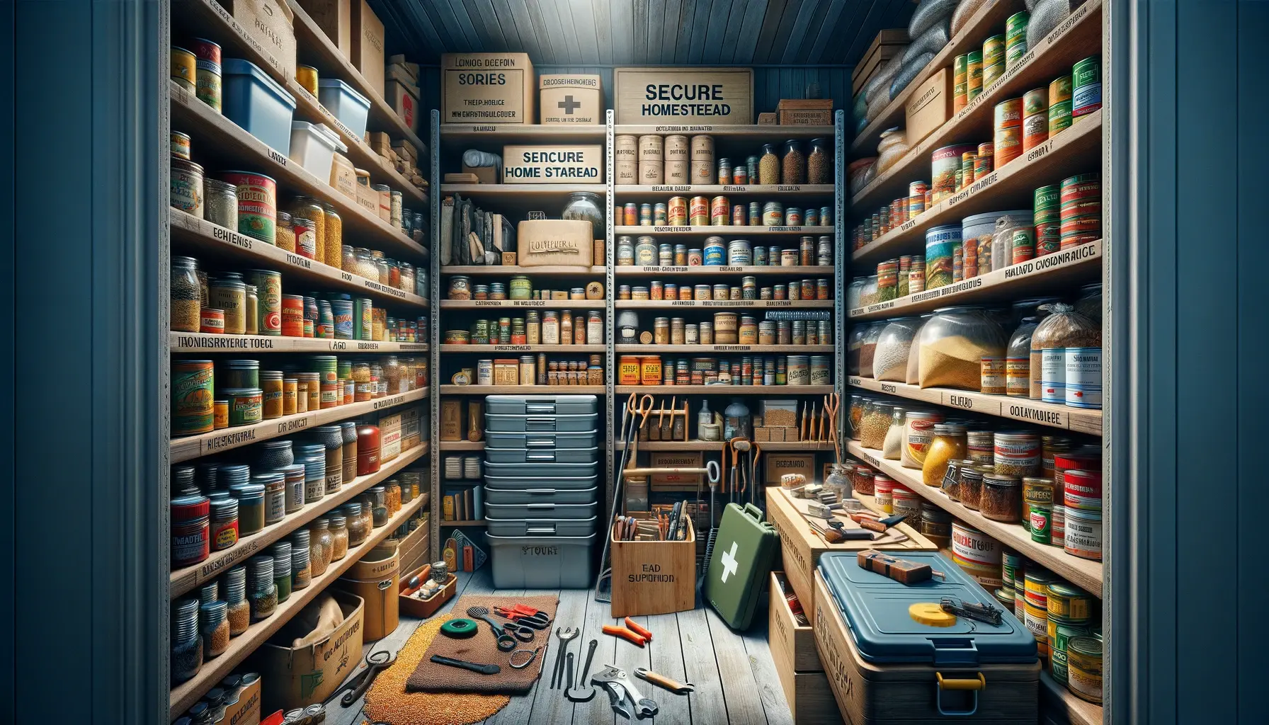 Well-organized storage solutions filled with long-term supplies, including food, tools, and medical kits, in a secure homestead pantry.