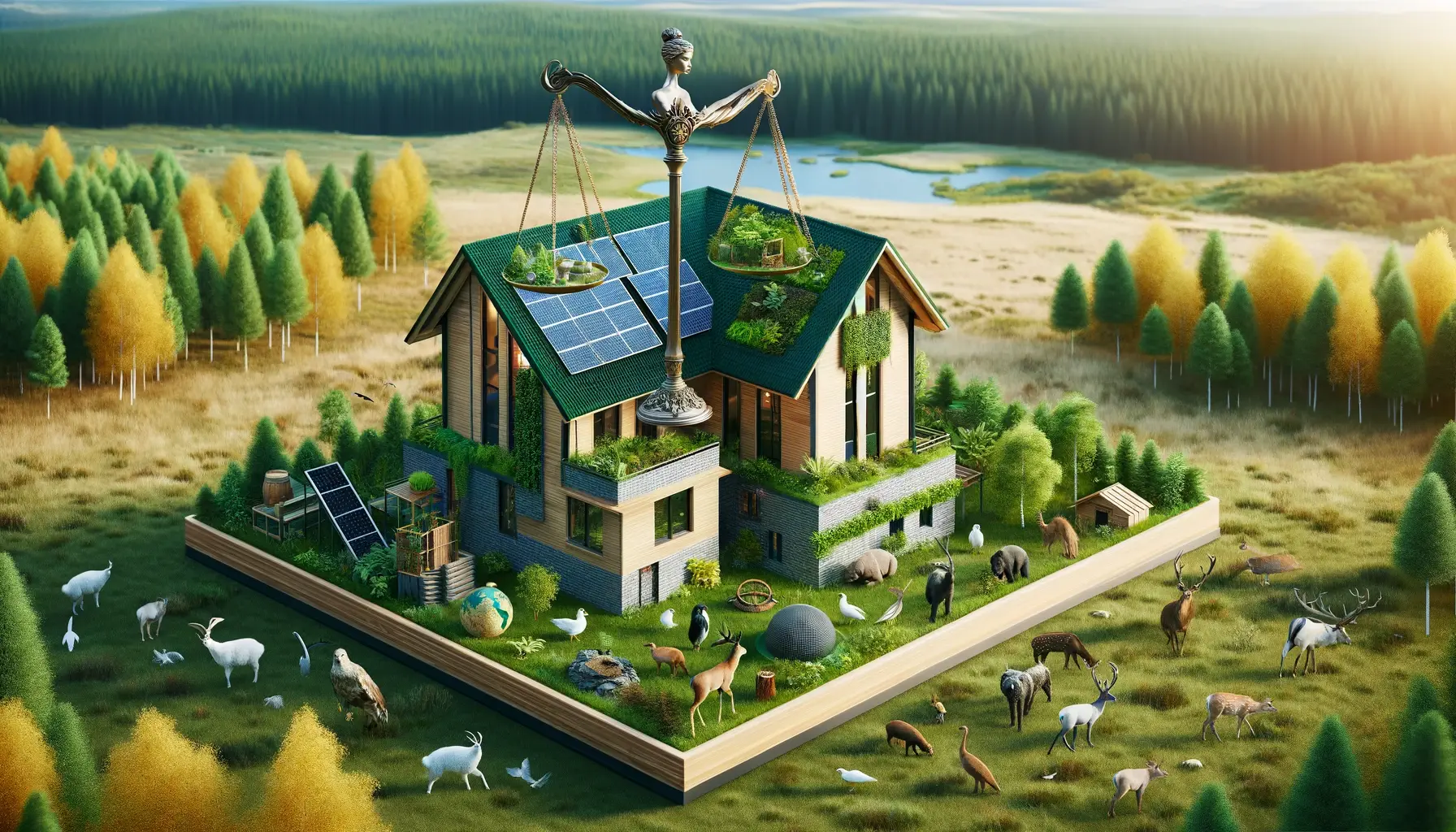 Scales of justice above an eco-friendly homestead surrounded by protected wildlife, representing the balance of legality and ethical usage.