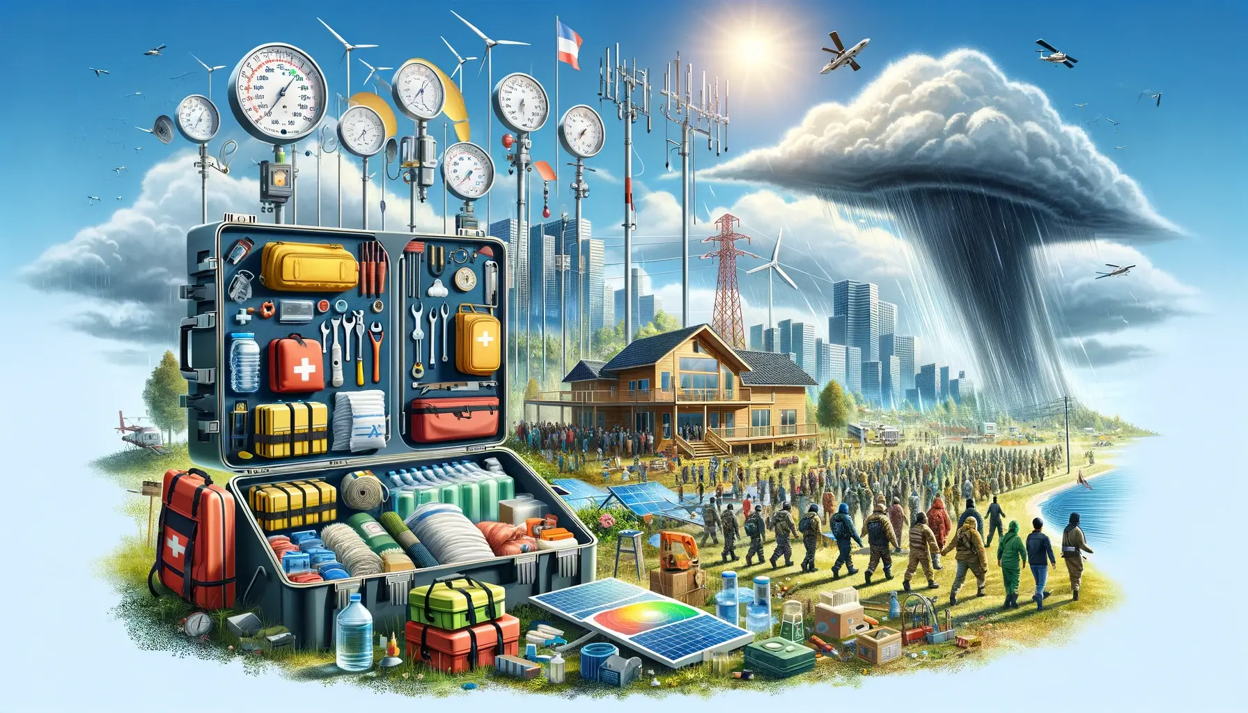 Emergency kits, weather monitoring instruments, and community evacuation drills in front of a self-sufficient retreat ready for any disaster.