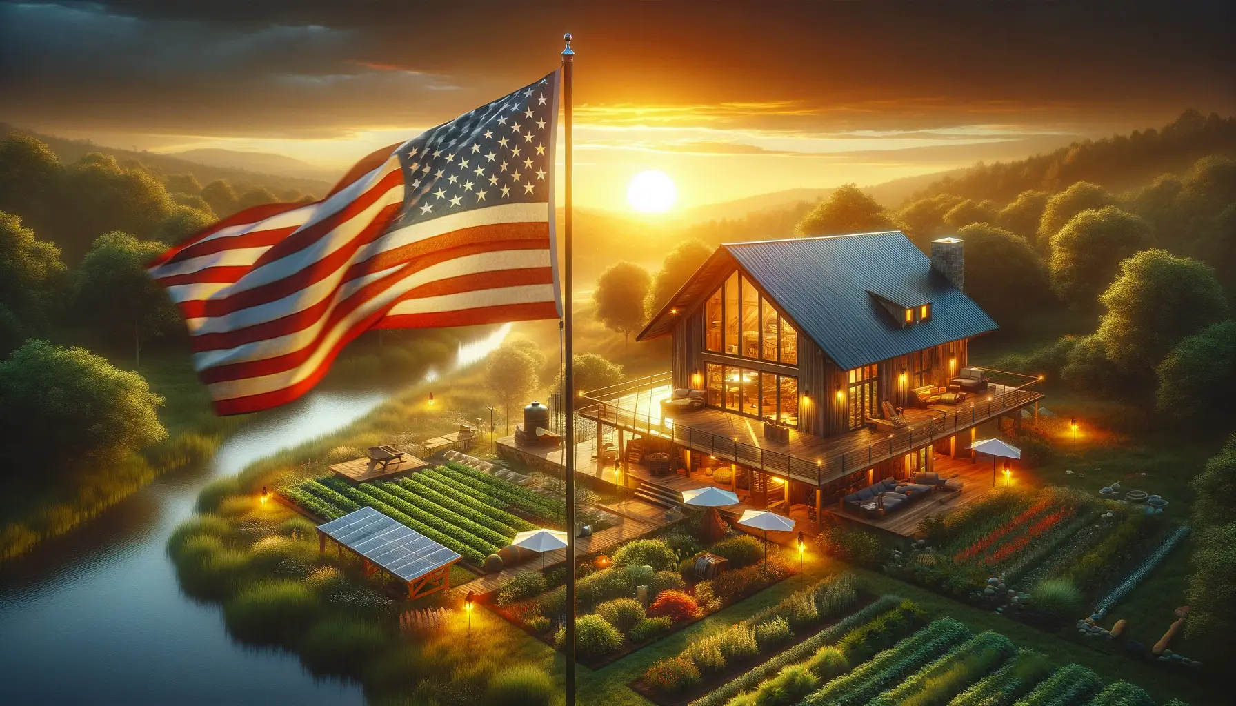 Inspiring image of a retreat at sunset, with the American flag waving proudly, symbolizing the achievement of independence and self-reliance.