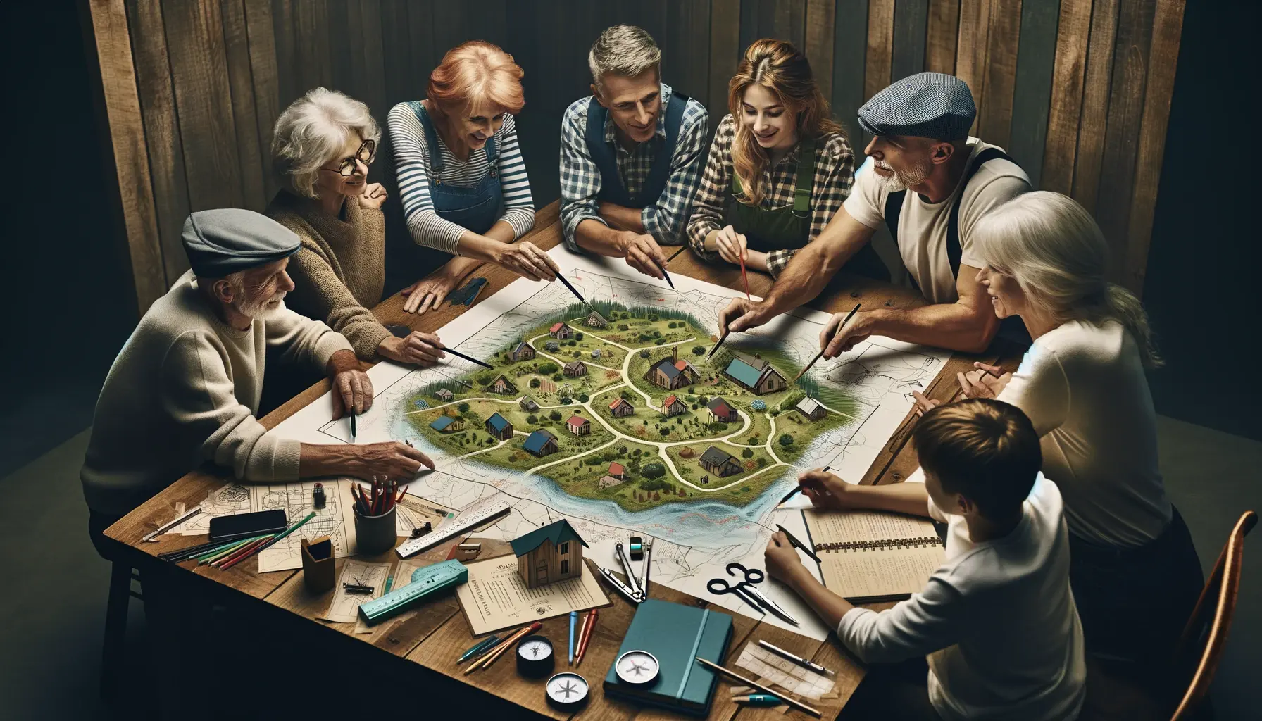 A family gathered around a table with a map, planning tools, and a checklist, casting vision for a future self-reliant homestead.