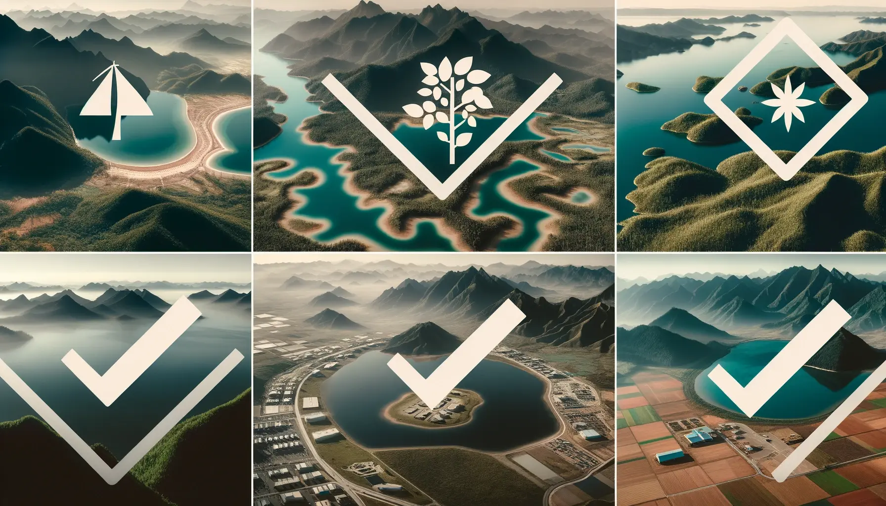 Aerial view of diverse landscapes showcasing potential locations for a retreat, each with a checklist icon overlay indicating suitability.