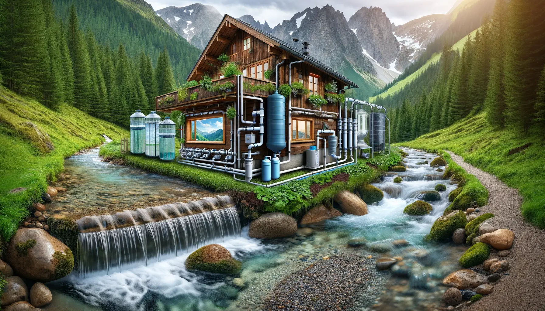 A clear mountain stream flowing near a cabin with visible rainwater harvesting system and filtration units.