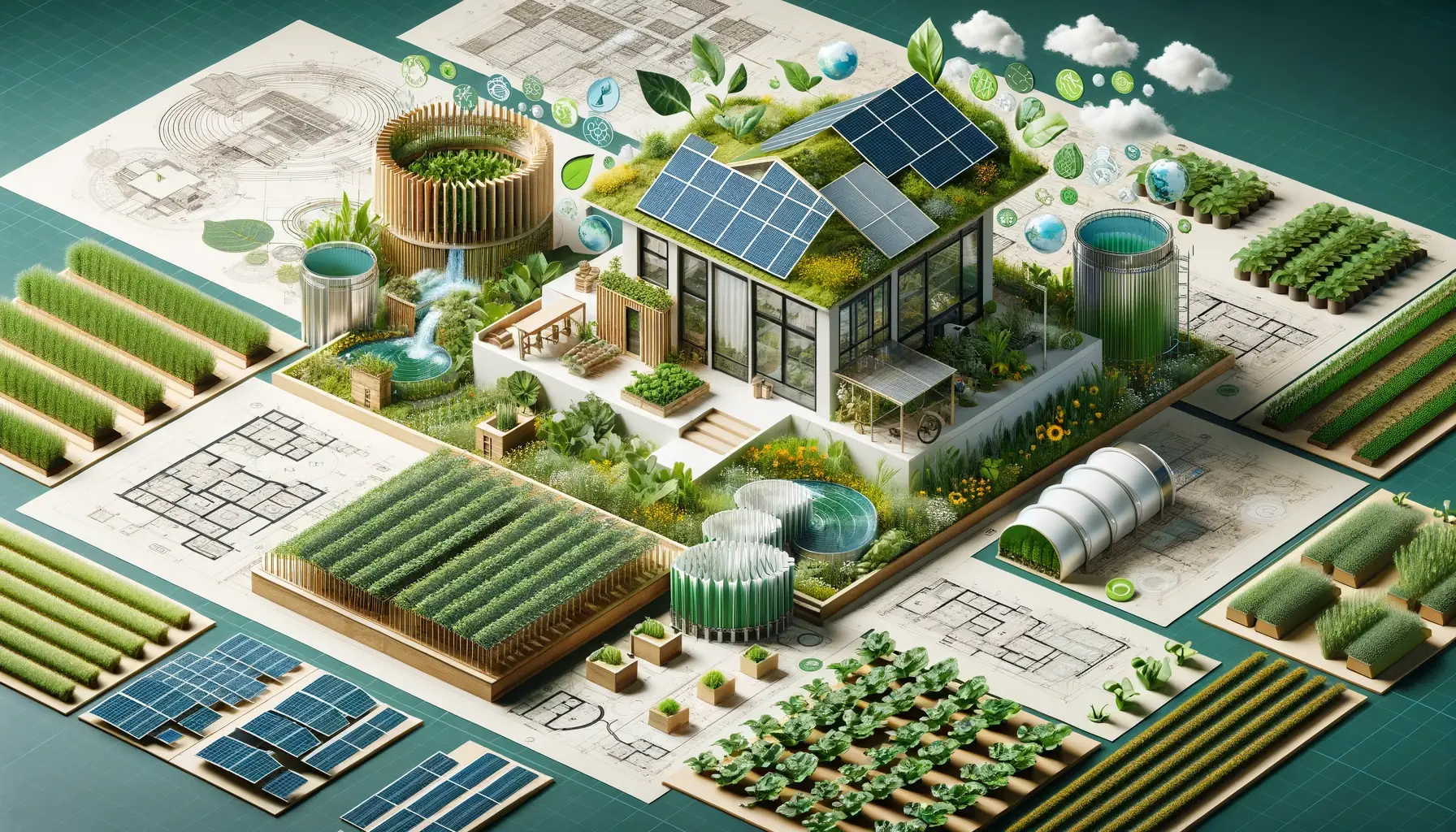 Blueprints and 3D models of eco-friendly buildings using green materials, surrounded by sustainable farm and water conservation systems.