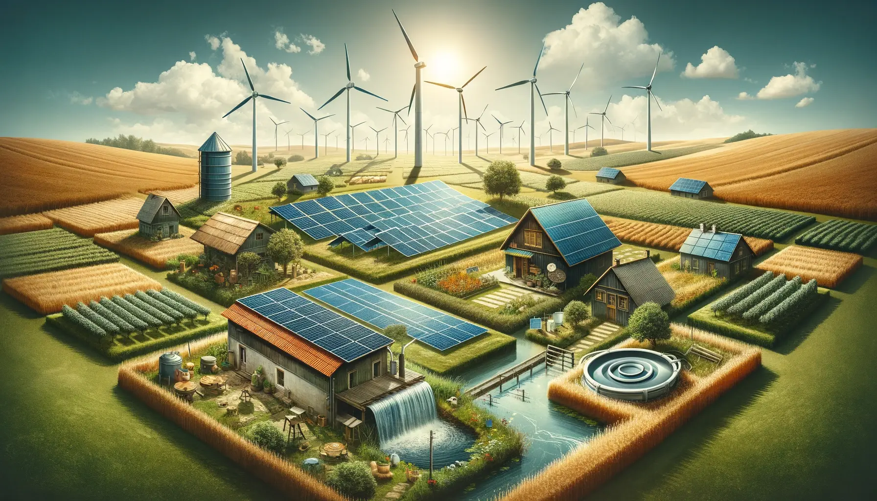 A collage of renewable energy solutions, including solar panels, wind turbines, and a micro-hydro system, integrated into a rural homestead.