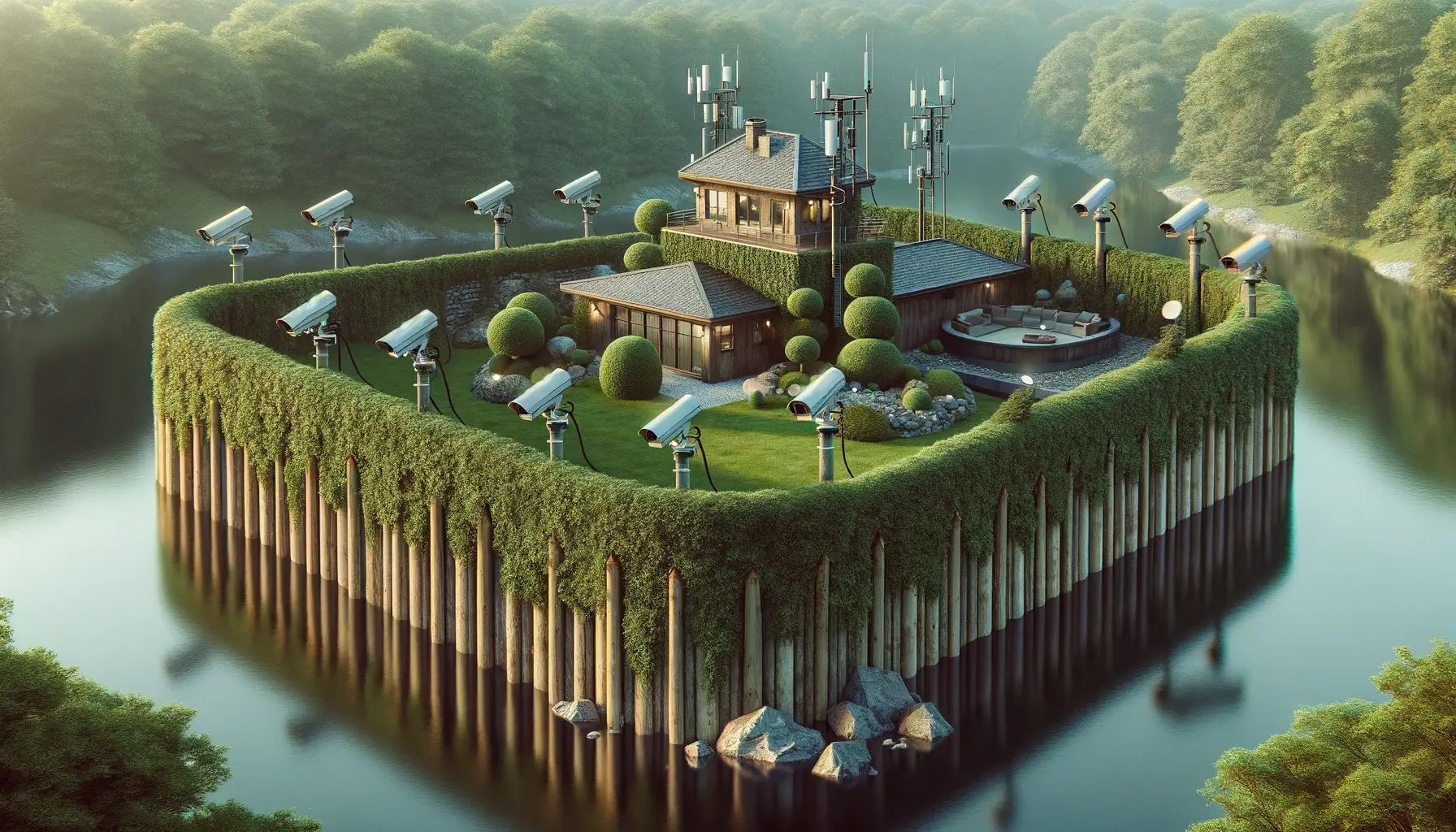 A robust fortified retreat, with surveillance cameras and natural barriers, illustrating a secure perimeter in a serene environment.