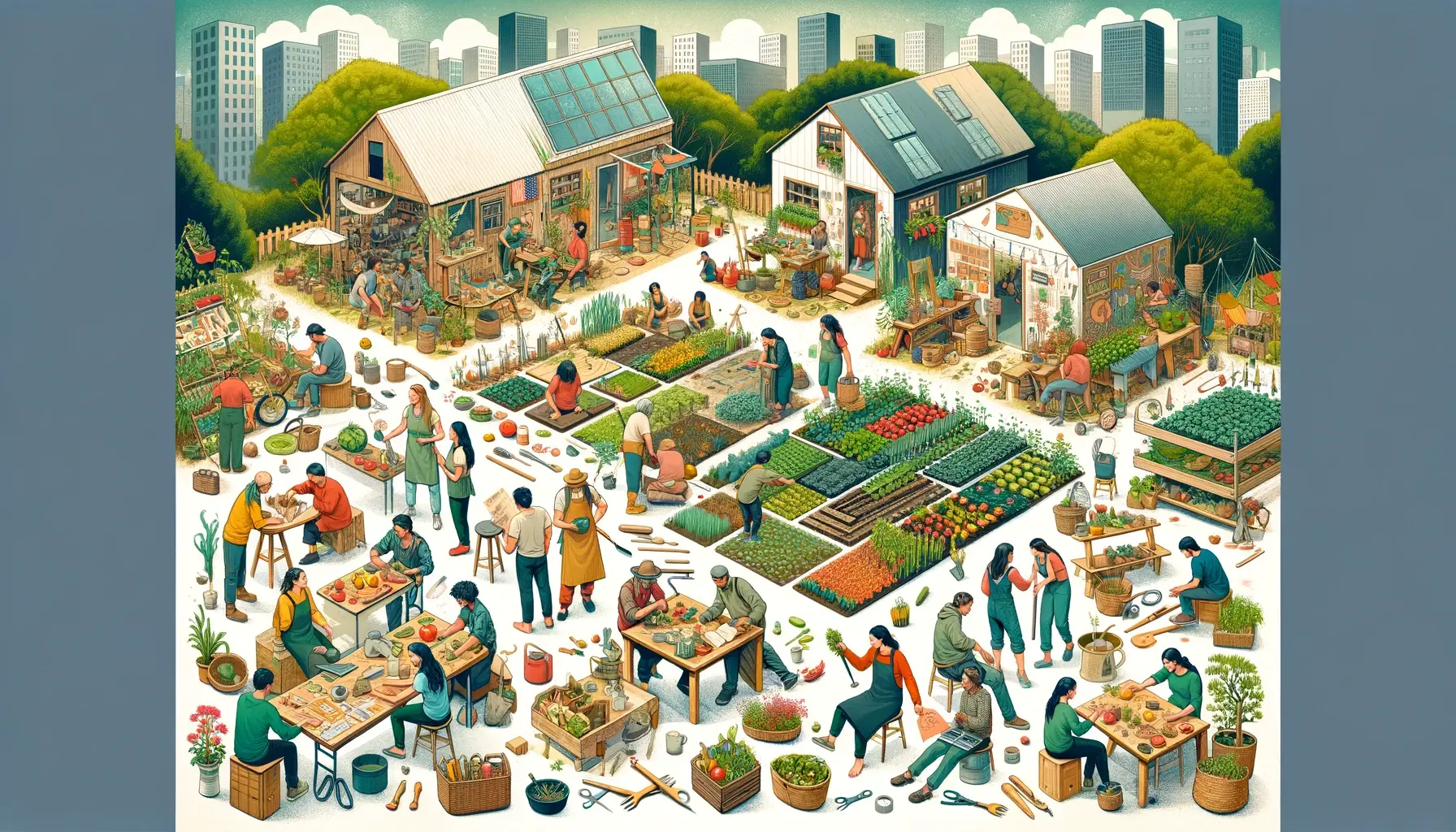 Local community members engaged in skill-sharing workshops, bartering goods, and community gardening near resilient homesteads.