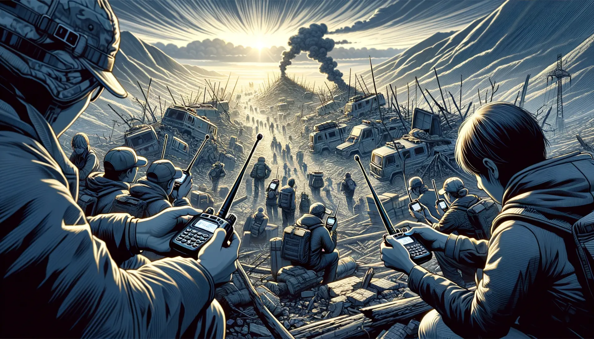 A scene of community members using handheld radios to communicate across a tough landscape stricken by disaster.