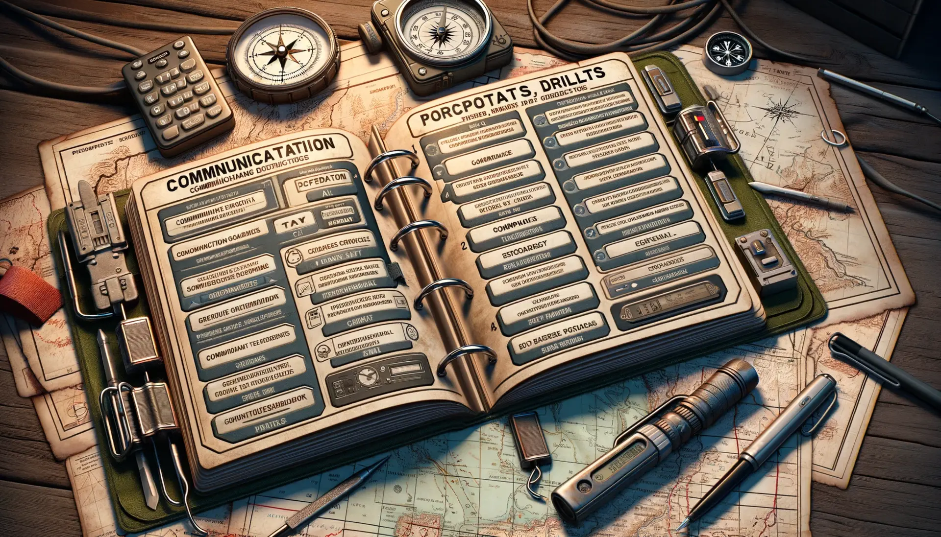 An open survival guidebook with clear tabs on communication equipment, protocols, and drills, next to a map and compass.
