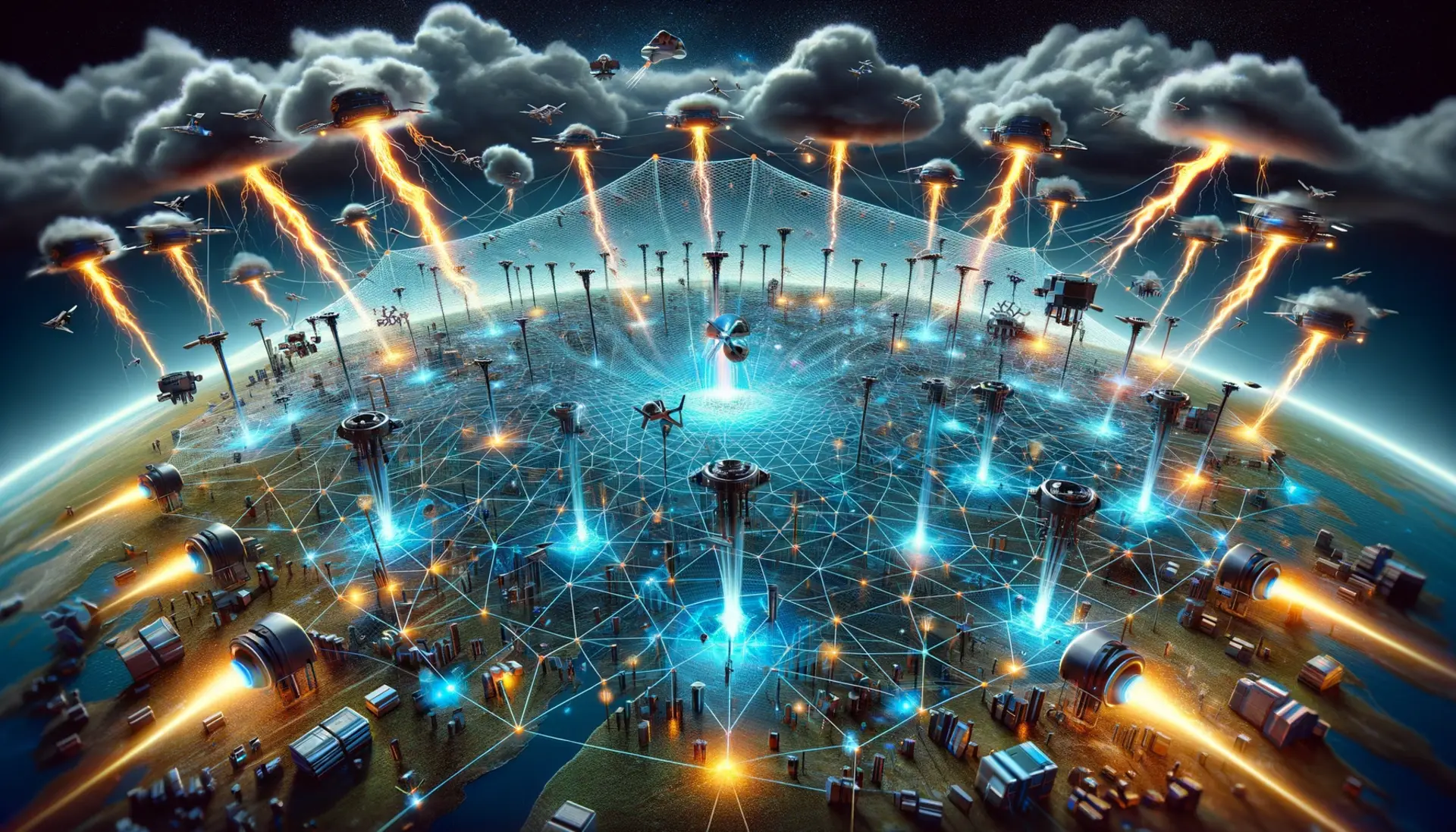 A futuristic mesh network resisting various disruptions like lightning strikes, surveillance drones, and blockages.