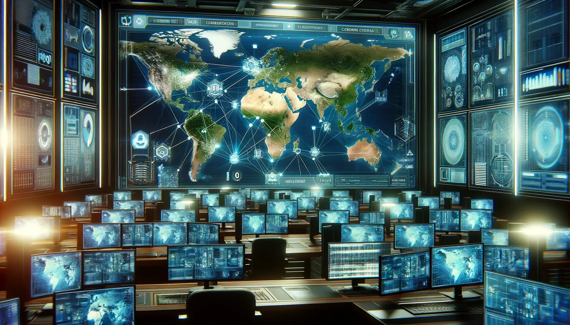 A digital command center with multiple screens showing maps and data, decentralized nodes connecting in a network overlay.