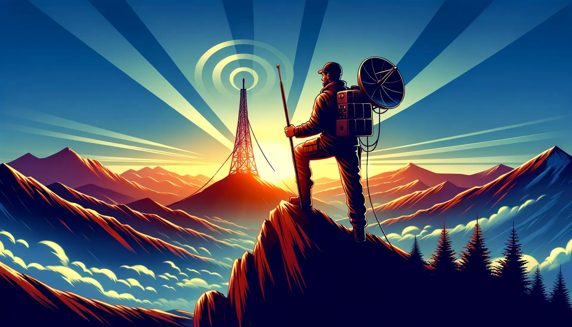 A determined figure standing on a mountaintop at sunrise, holding a radio antenna, representing the triumph of GhostNet communication.