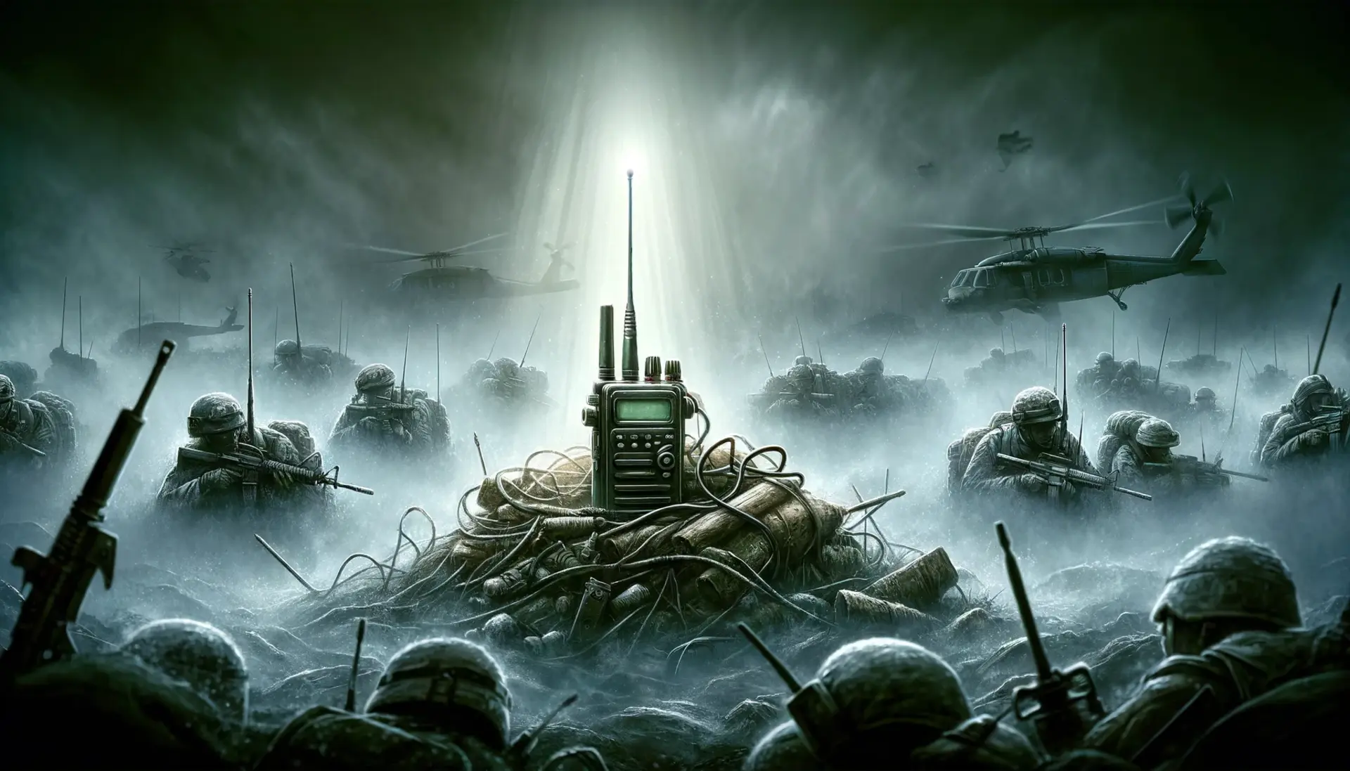 Radios and communication devices emerging clear from a foggy, chaotic battlefield environment, symbolizing clarity in communication.