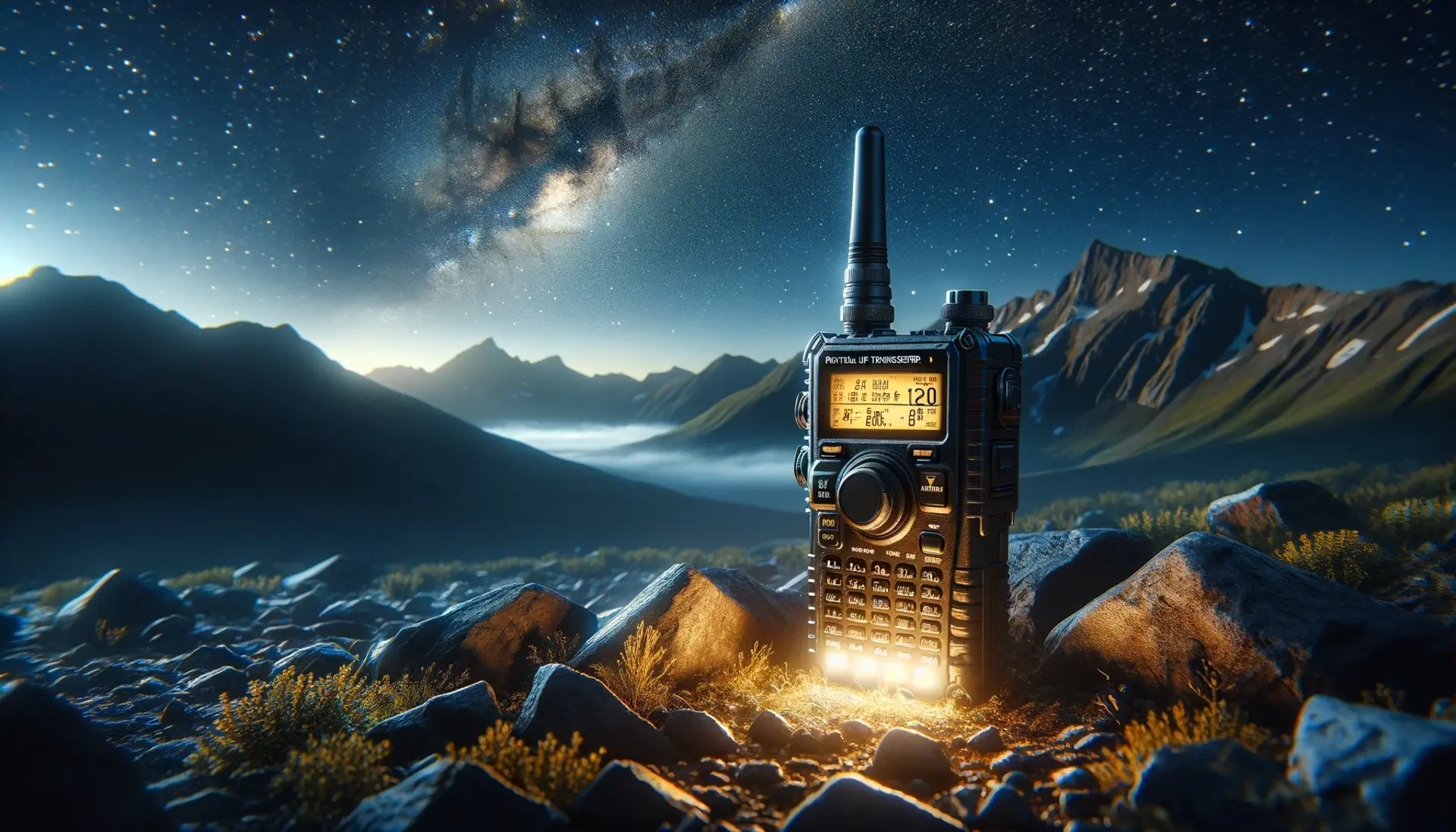 A portable HF transceiver set on rugged terrain, glowing as the key tool among survival communication equipment under starry skies.
