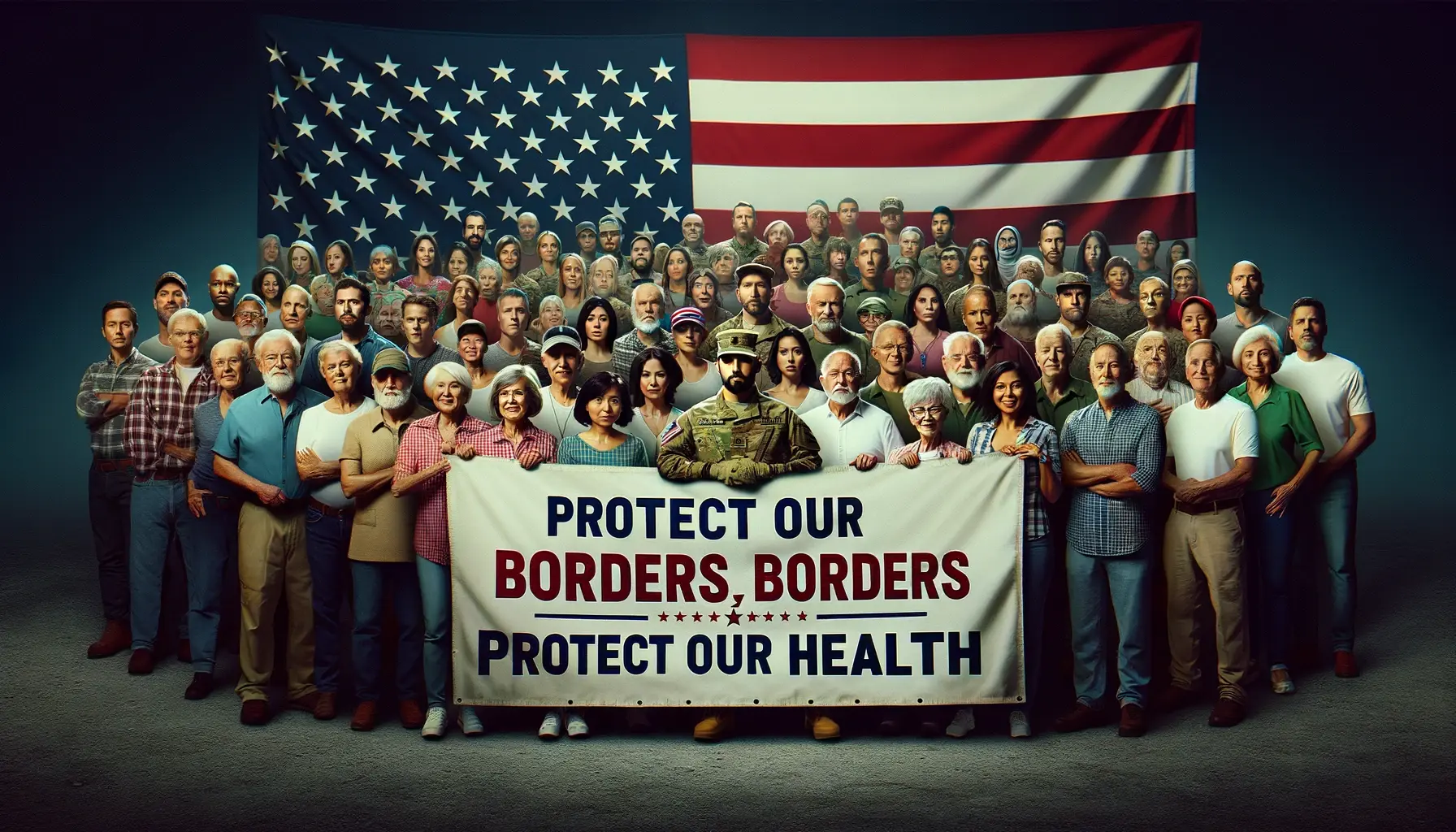 An evocative image of a diverse group of American patriots standing firmly together holding a banner that reads 'Protect Our Borders, Protect Our Health.'