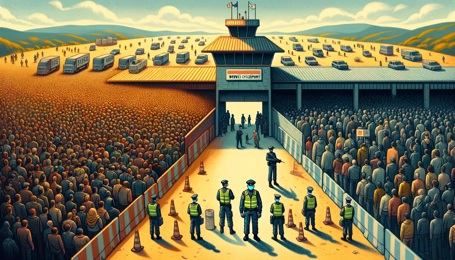 An illustration of a border checkpoint overwhelmed with a crowd on one side and a single guard wearing a mask on the other, symbolizing the contradiction in health measures.