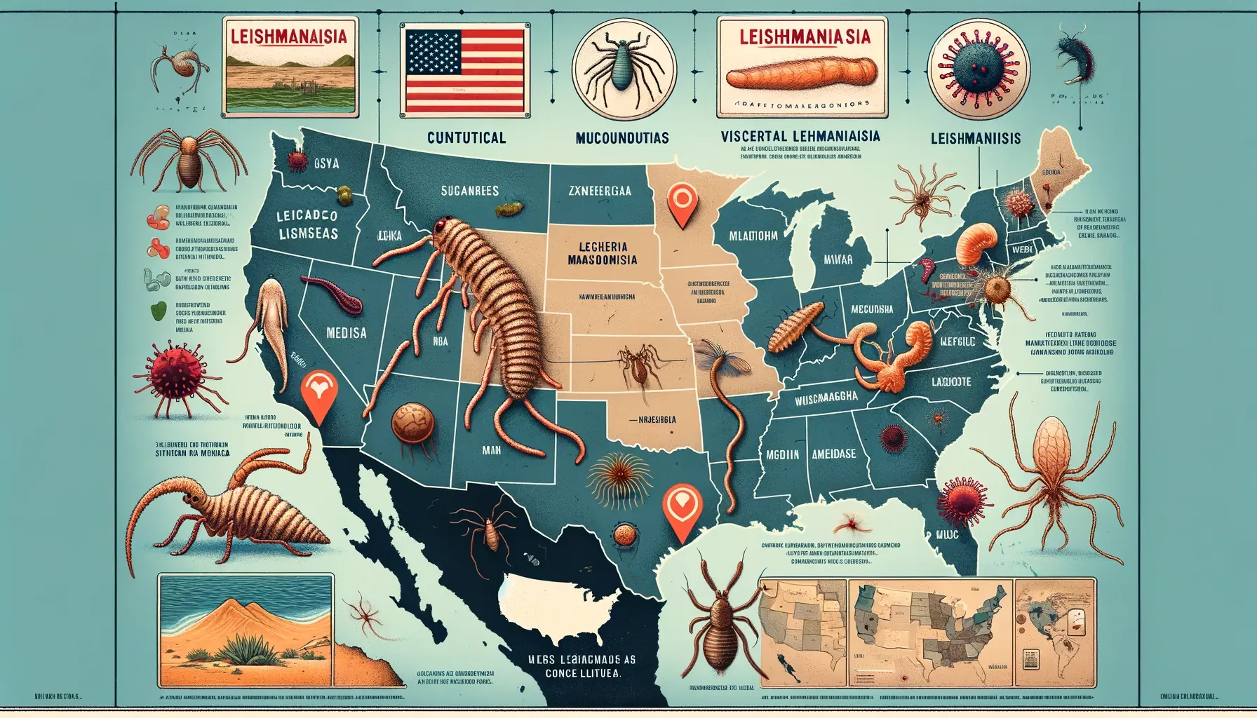 showcasing the various types of Leishmaniasis next to a map highlighting the southern border of the USA.