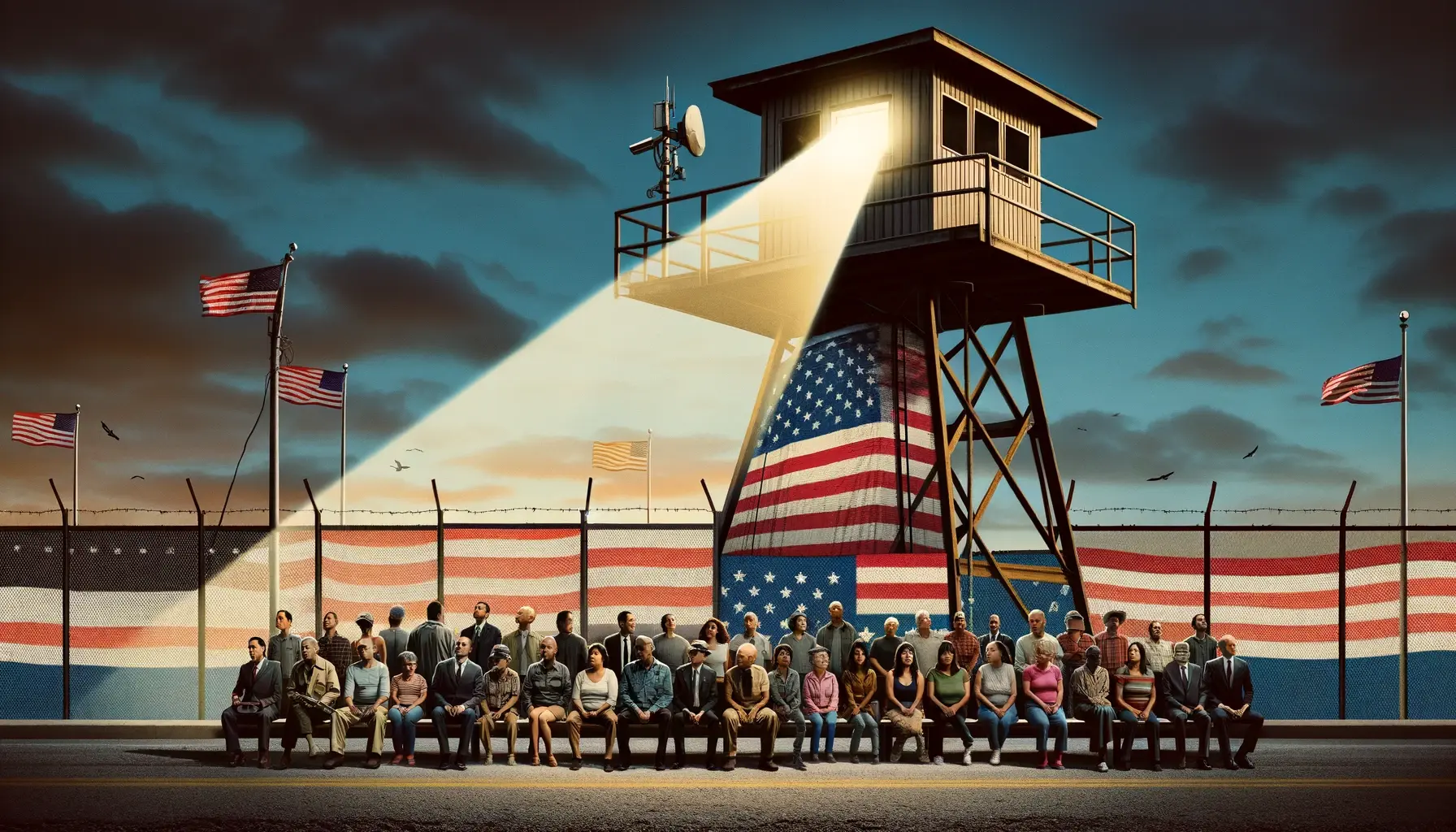 A collage juxtaposing a watchtower surveilling a border fence with American people caught in the spotlight.