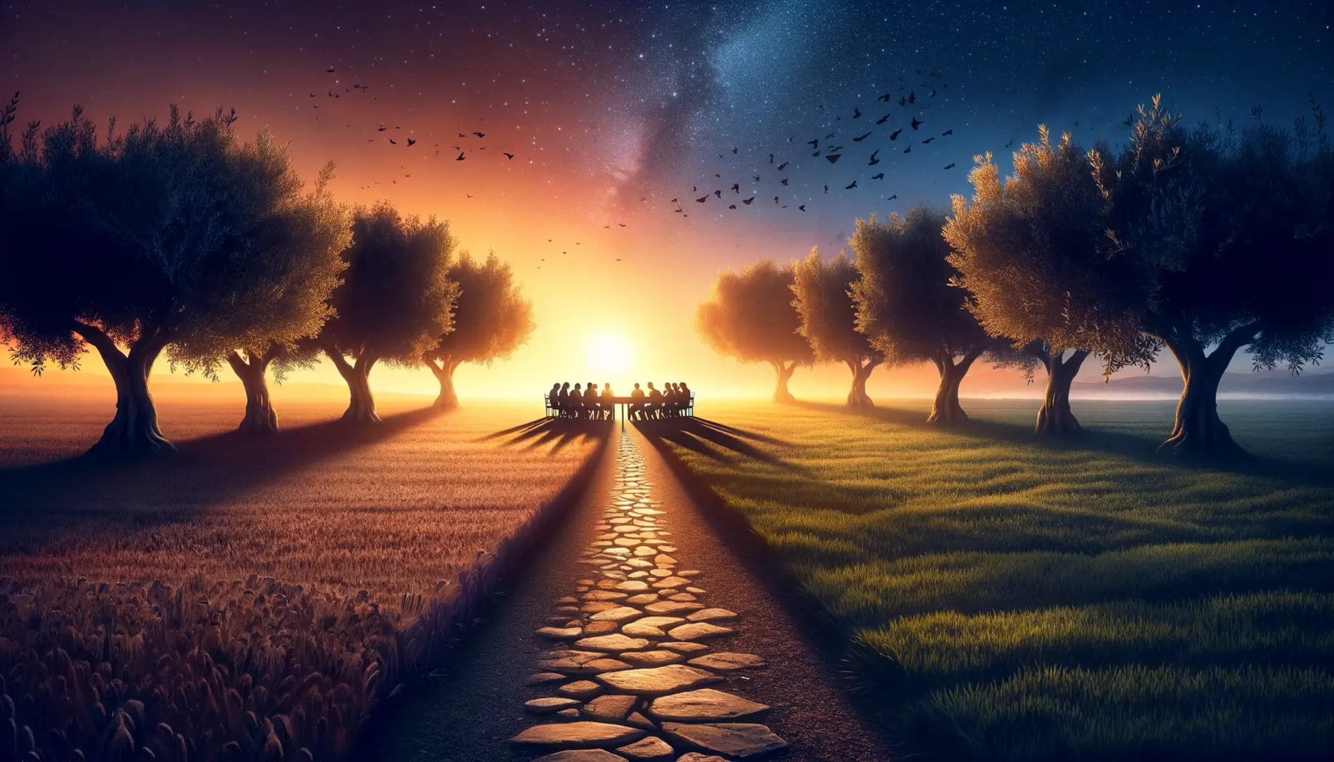 dawn horizon over a serene field, with a split path leading towards a roundtable discussion under olive trees, signifying a hopeful move towards peace