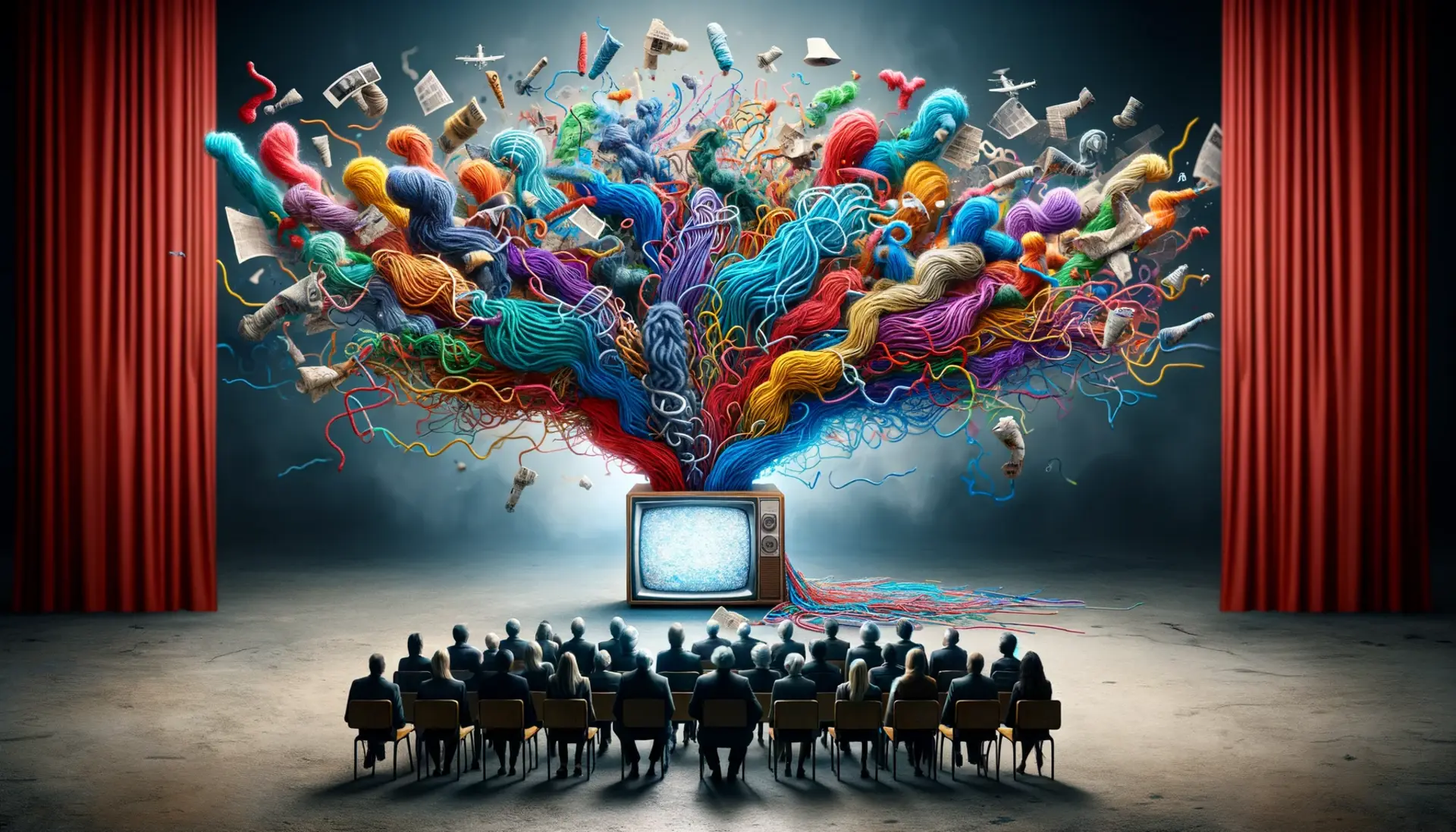 TV screen spewing out tangled yarns of different colors towards a depicted audience to symbolize the complexity of media influence