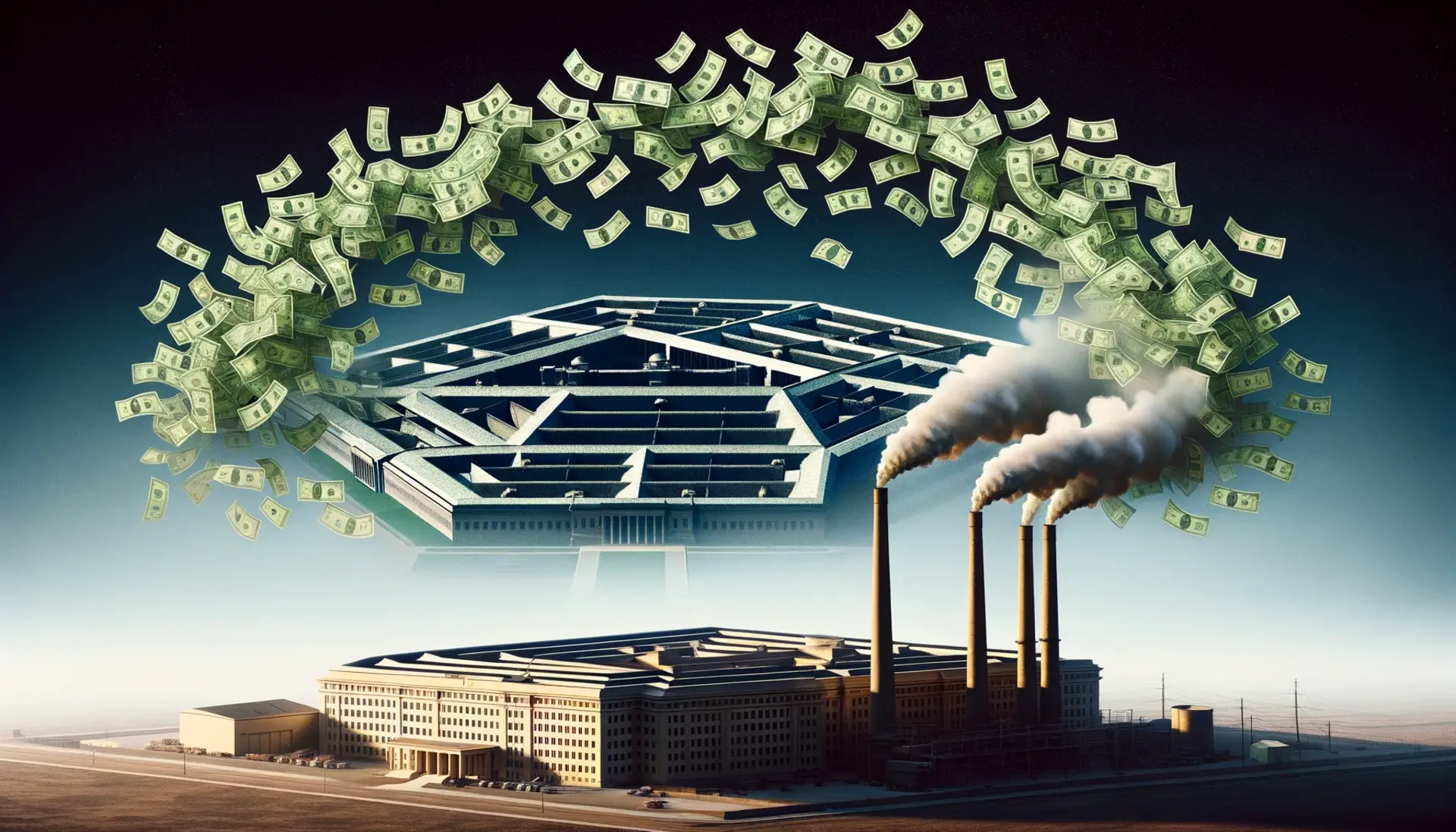 a silhouette of the Pentagon to a factory emitting dollar bills from its smokestacks, illustrating the military-industrial complex