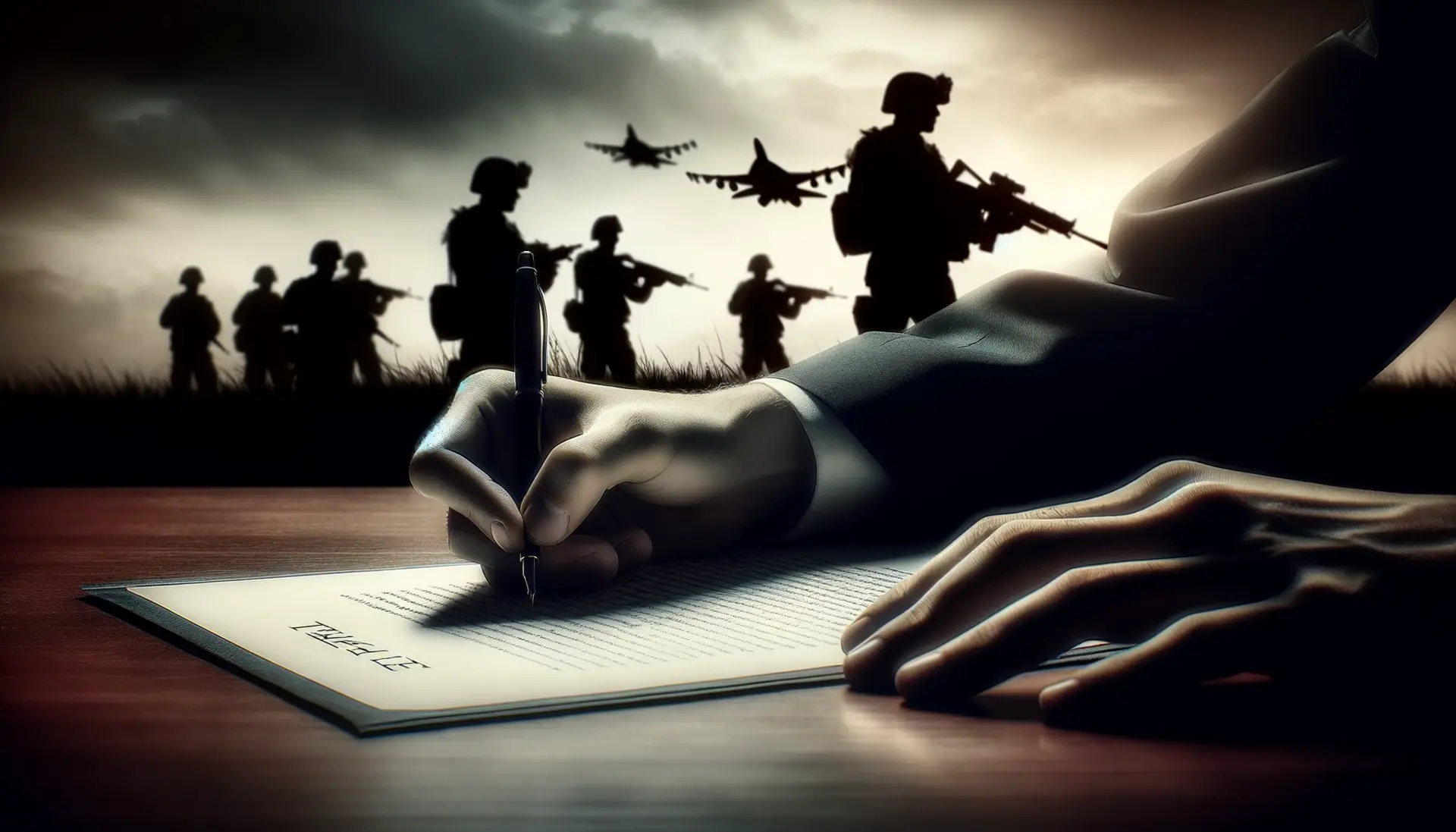 a hand about to sign a peace treaty document, juxtaposed with military silhouettes in the background, reflecting the tension between peace and war