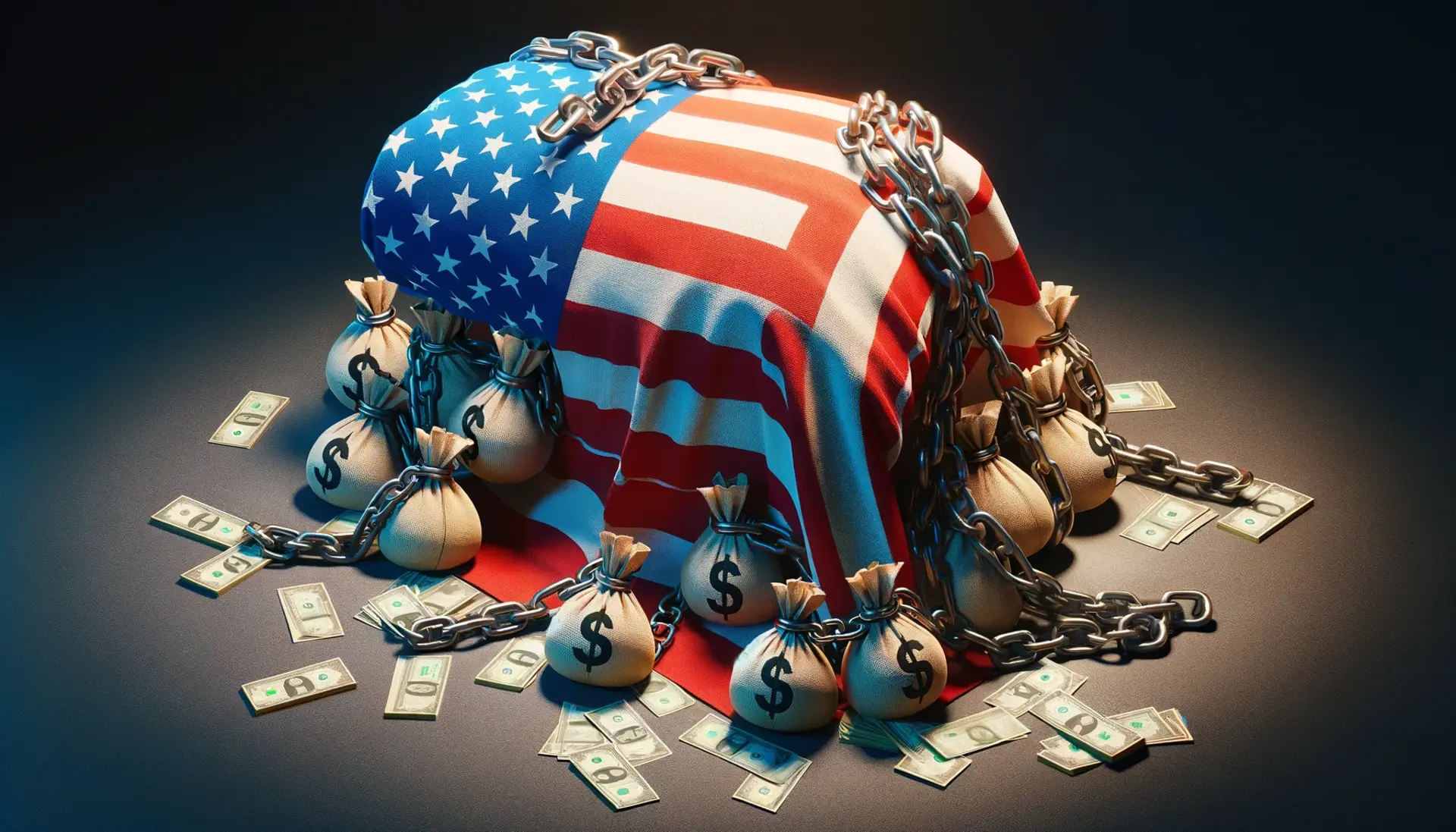 an American flag weighed down by heavy chains and money bags, symbolizing the burden of war costs on taxpayers
