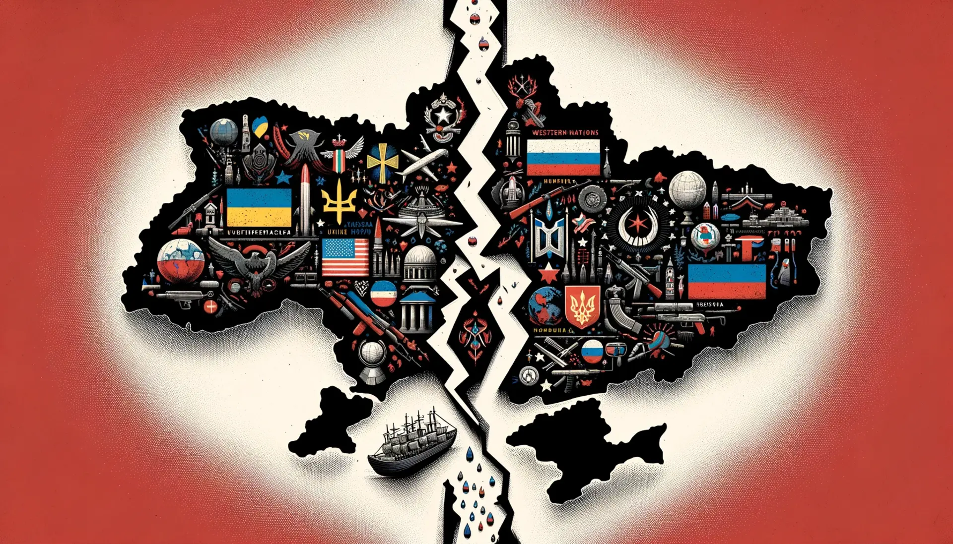 Ukraine, split by a jagged line with Western symbols on one side and Russian icons on the other, representing the geopolitical conflict