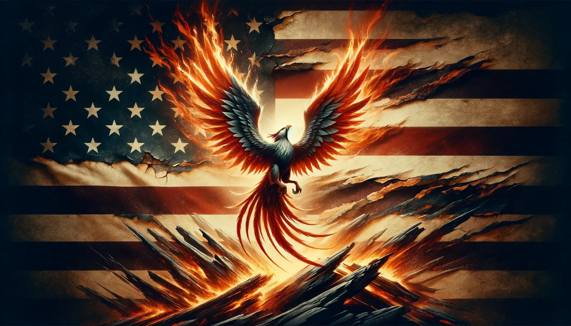 A phoenix rising from the ashes over a faded American flag, symbolizing the call for a revival of American values and vigilance.