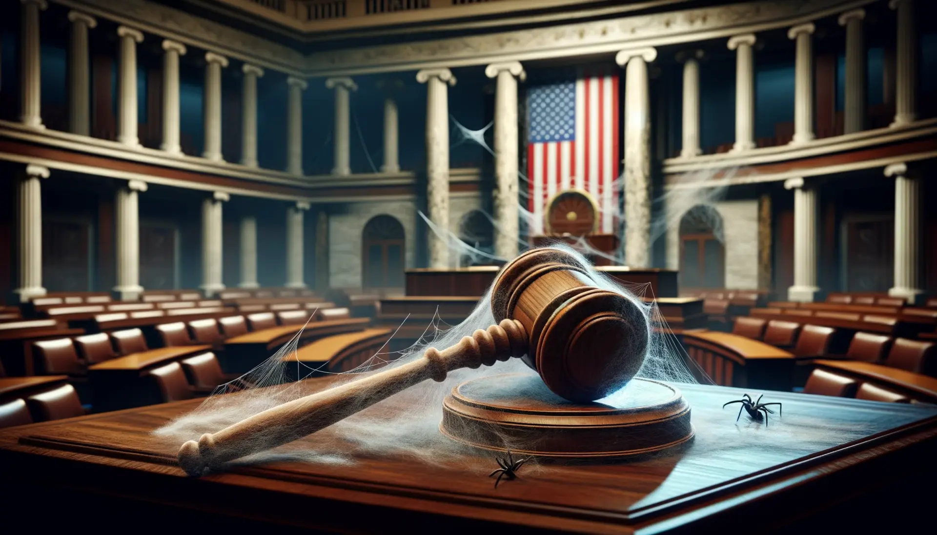A gavel and a deserted congressional podium with cobwebs, signifying the absence of action and debate on critical national security issues.