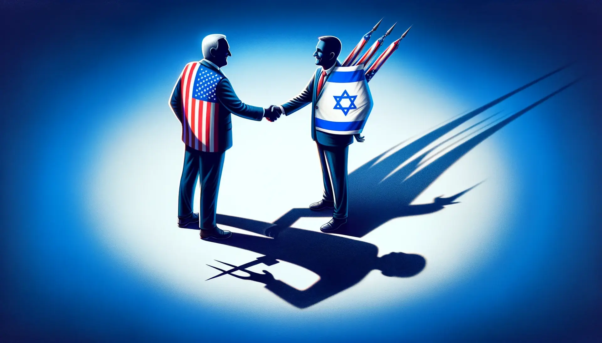 A diplomatic handshake between a figure with the American flag and another with the Israeli flag, with the shadow revealing a backstabbing motion.