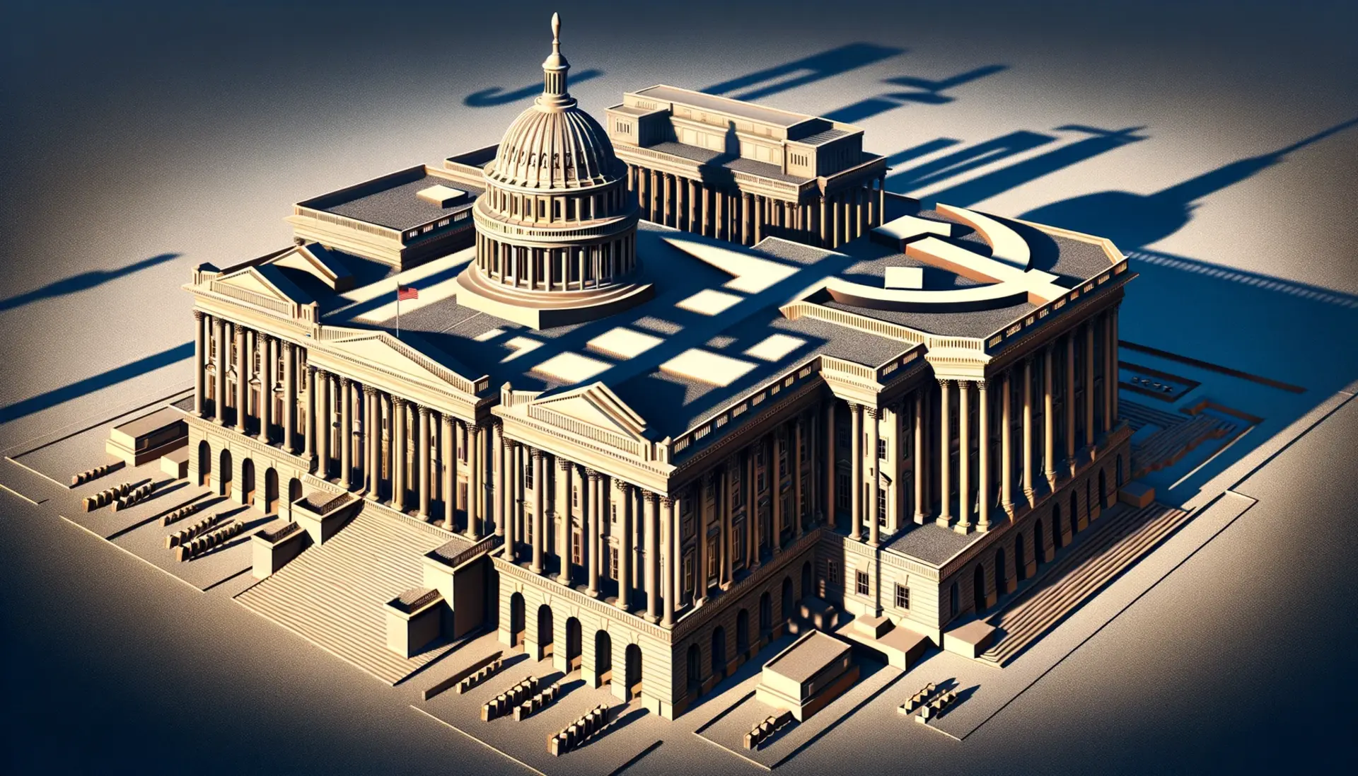 An abstract representation of Marxist symbols infiltrating governmental buildings and American institutions, implying ideological sabotage.