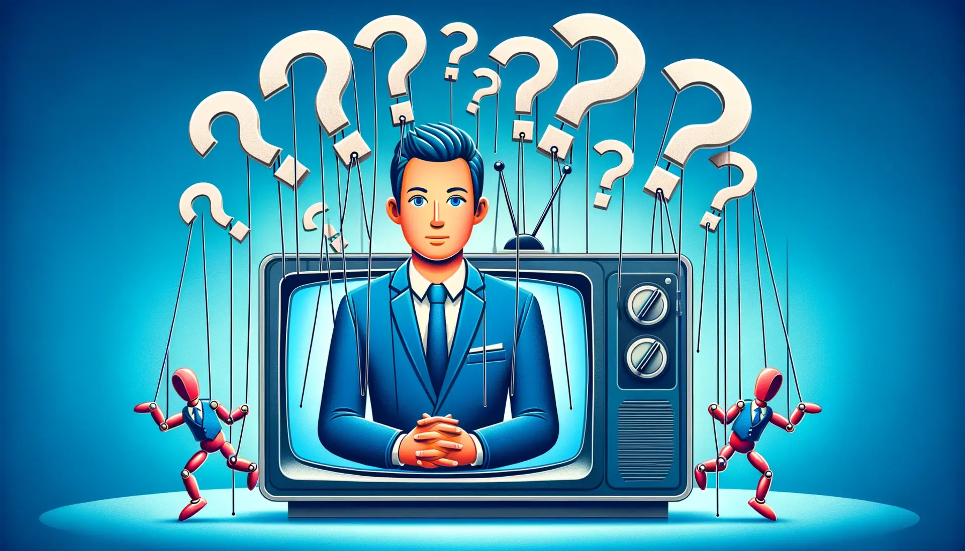 A news anchor on TV surrounded by question marks and puppet strings, representing media bias and manipulation in shaping public opinion.