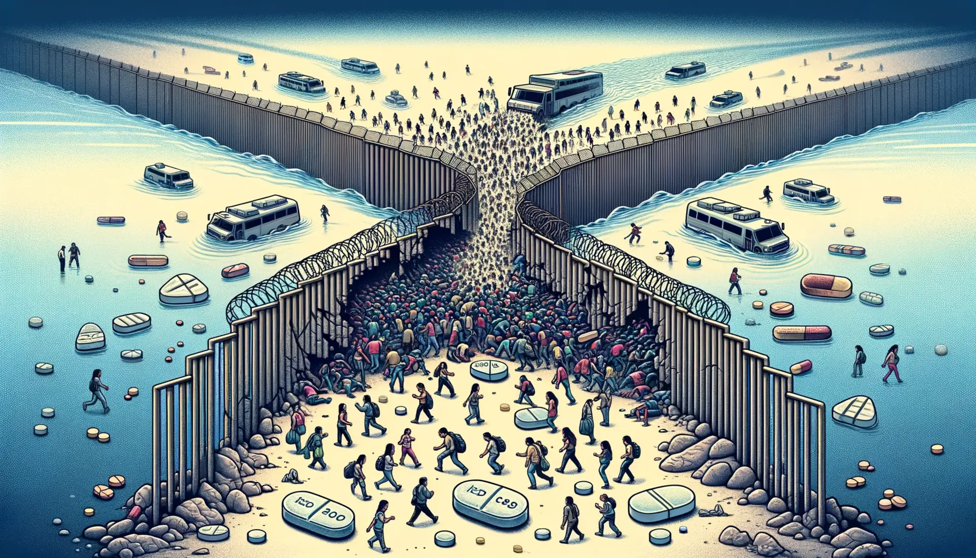 A chaotic border crossing with a fence broken down, showing a stream of people and a flow of drugs symbolized by pills and fentanyl.