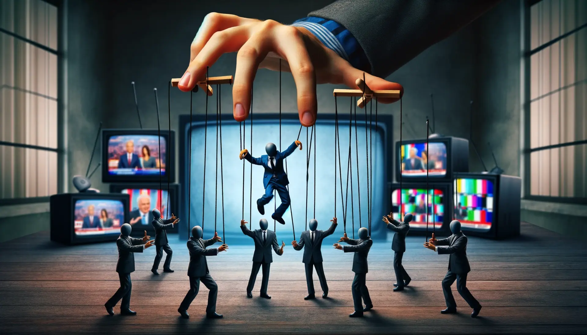 Puppets on strings being manipulated by hands wearing suits, with television screens in the background displaying news channels.