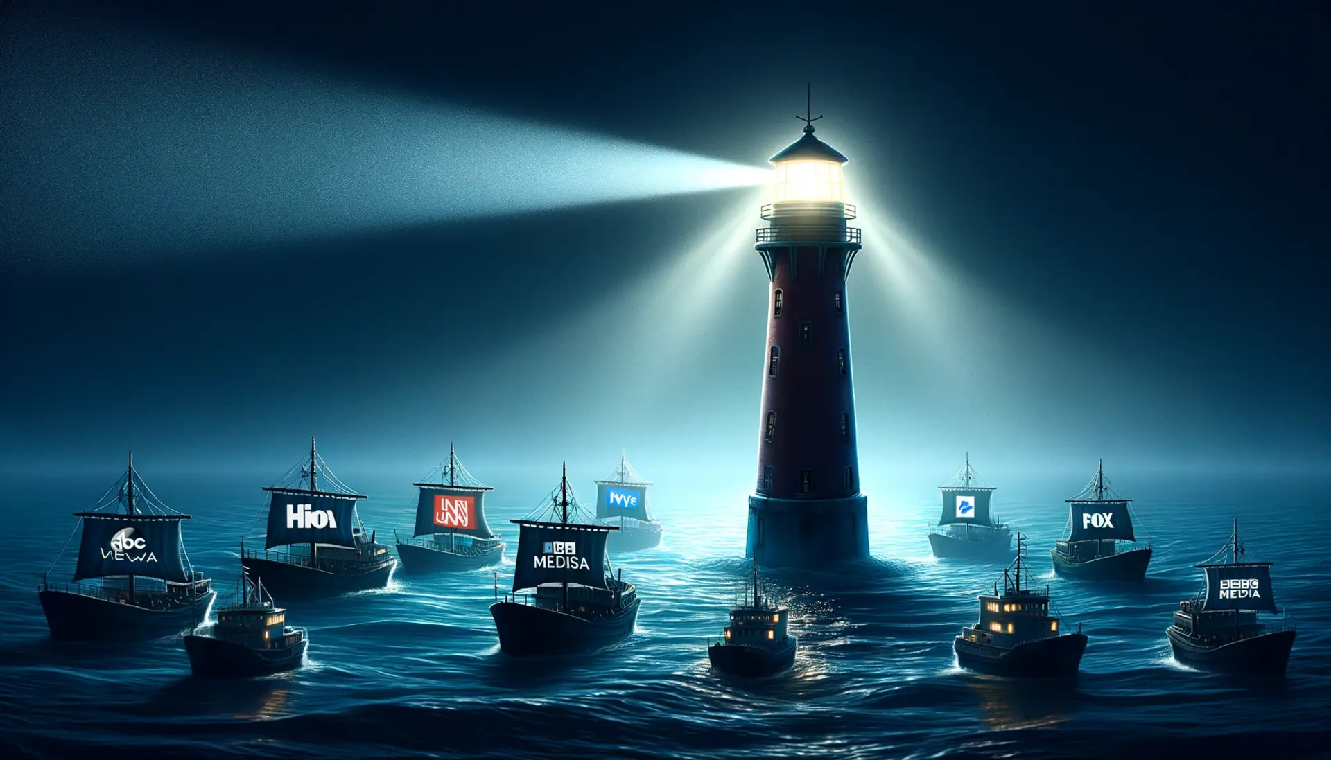 A lighthouse shining a beam of light onto dark waters where traditional media ships are drifting, representing independent media's role.