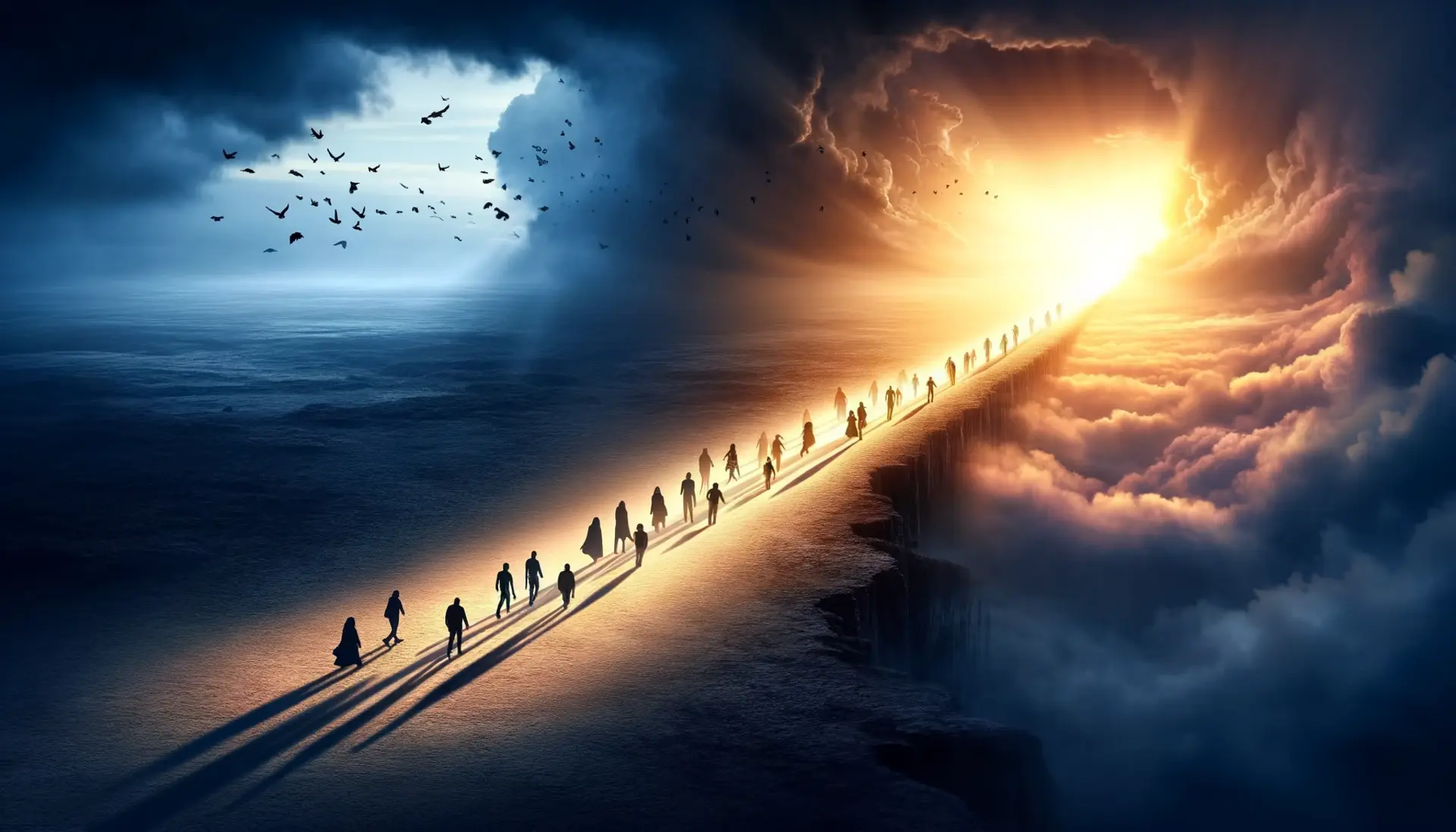 A dawn breaking over a landscape showing half dark, half illuminated, with people walking from shadow into light, symbolism for enlightenment.