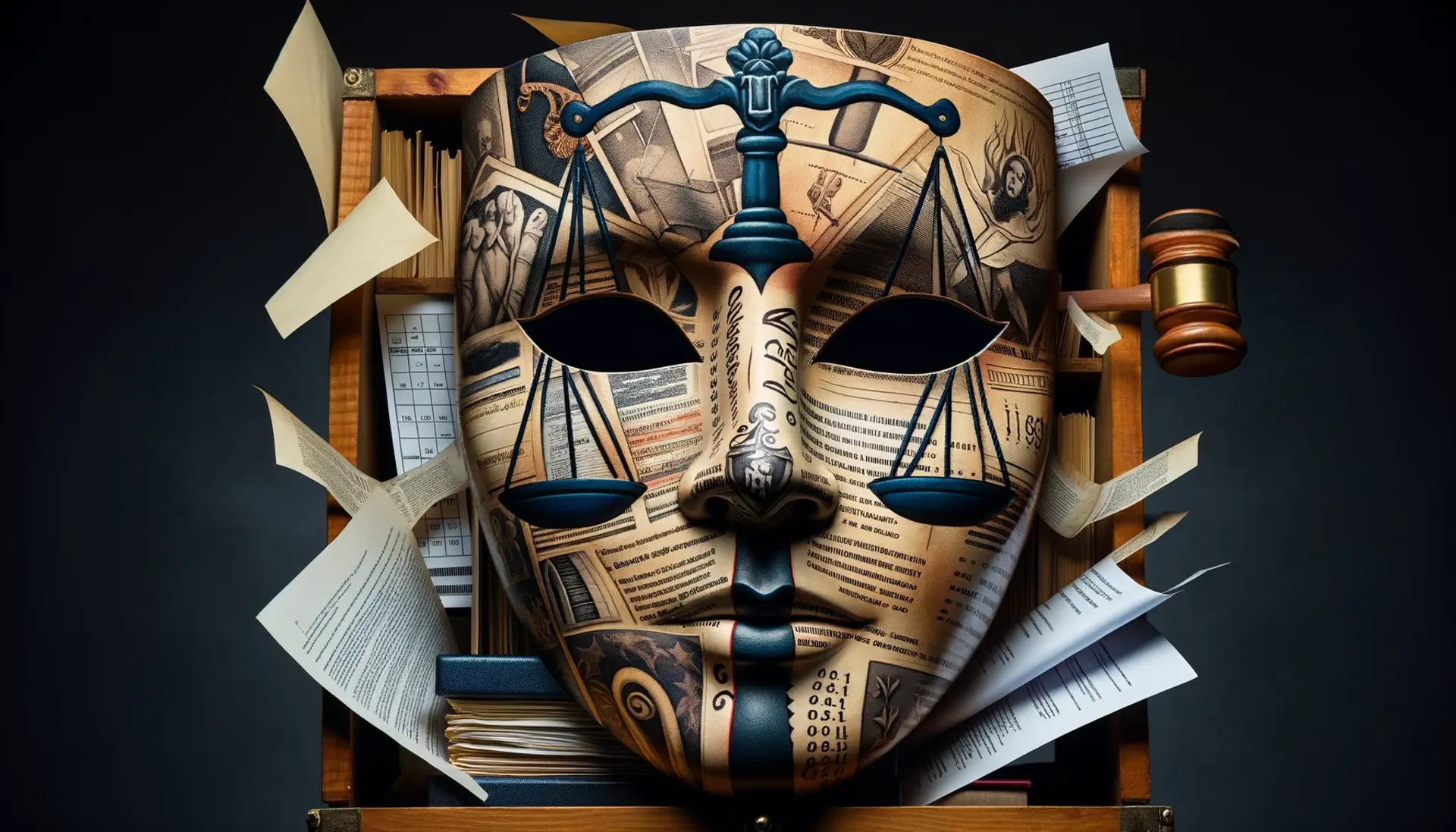 A theatrical mask adorned with symbols of justice, concealing documents and data, implying the facade of the COVID-19 inquiry.