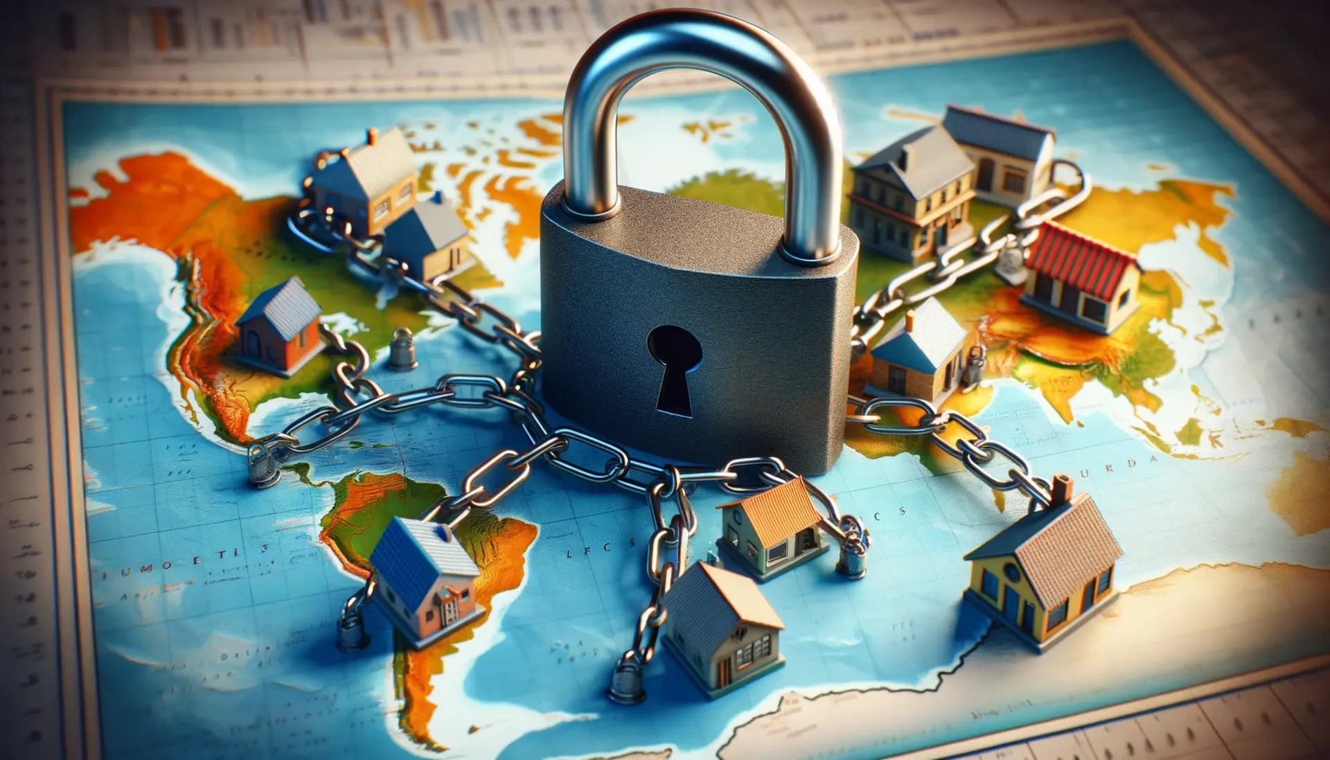 A padlock on a map of the world with small businesses and homes in chains, depicting the paradox of COVID-19 lockdown measures.