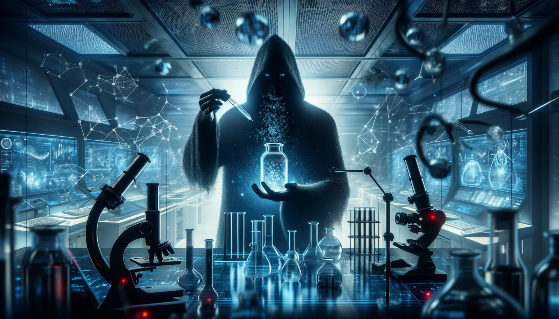 A shadowy figure holding a vial in a high-tech lab with virus particles escaping, symbolizing the Wuhan lab leak controversy.