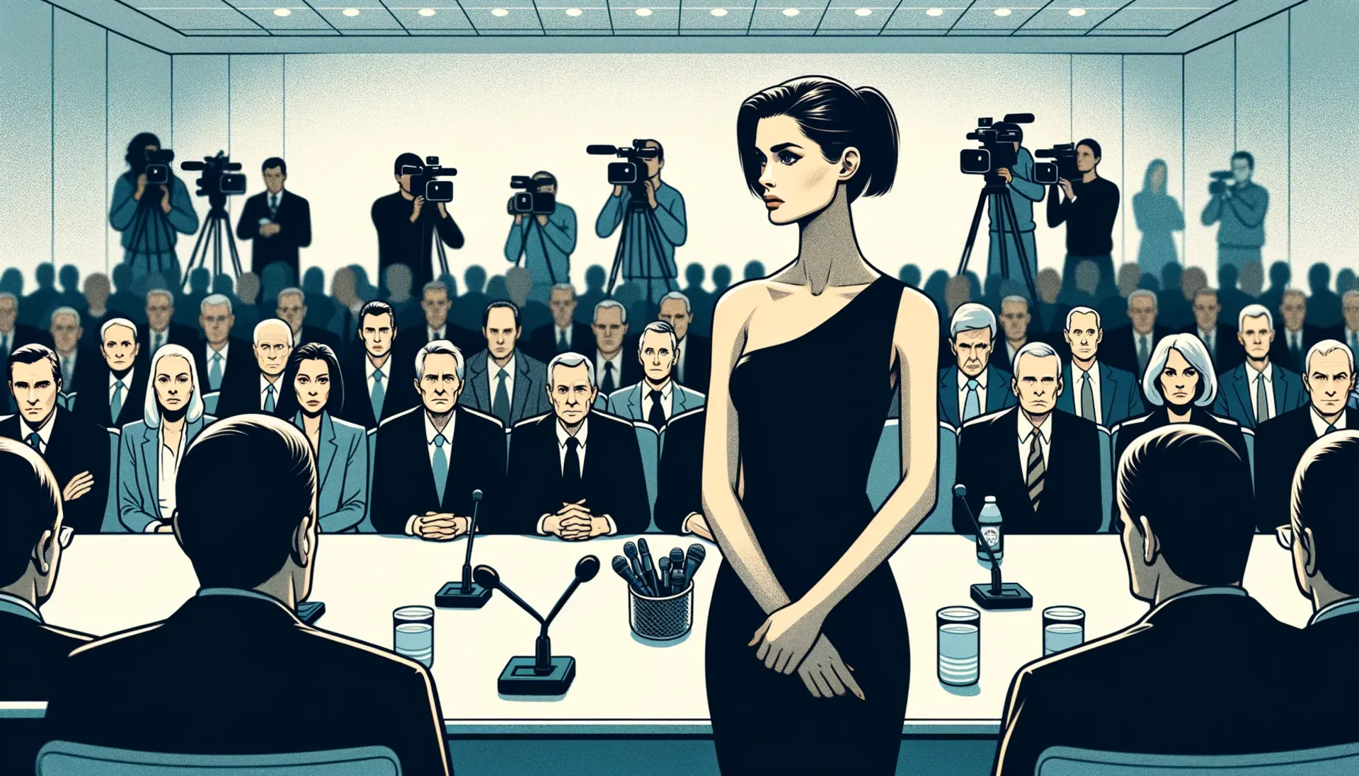 Illustration of Cassidy Hutchinson in a hearing room, surrounded by press and politicians, feeling overwhelmed.